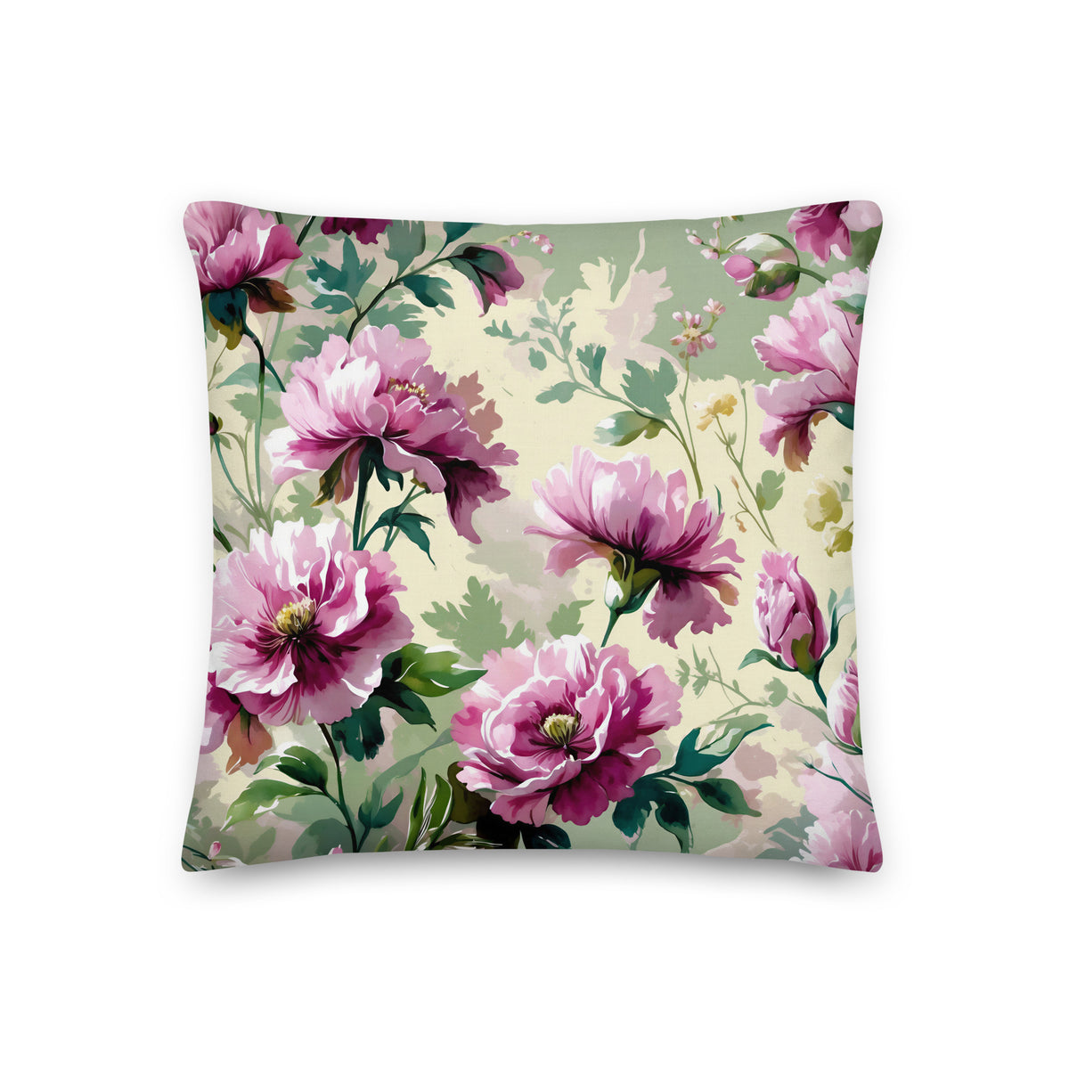 Generous, ruffled blooms in shades of magenta pink and light pink are scattered among graceful green foliage.
