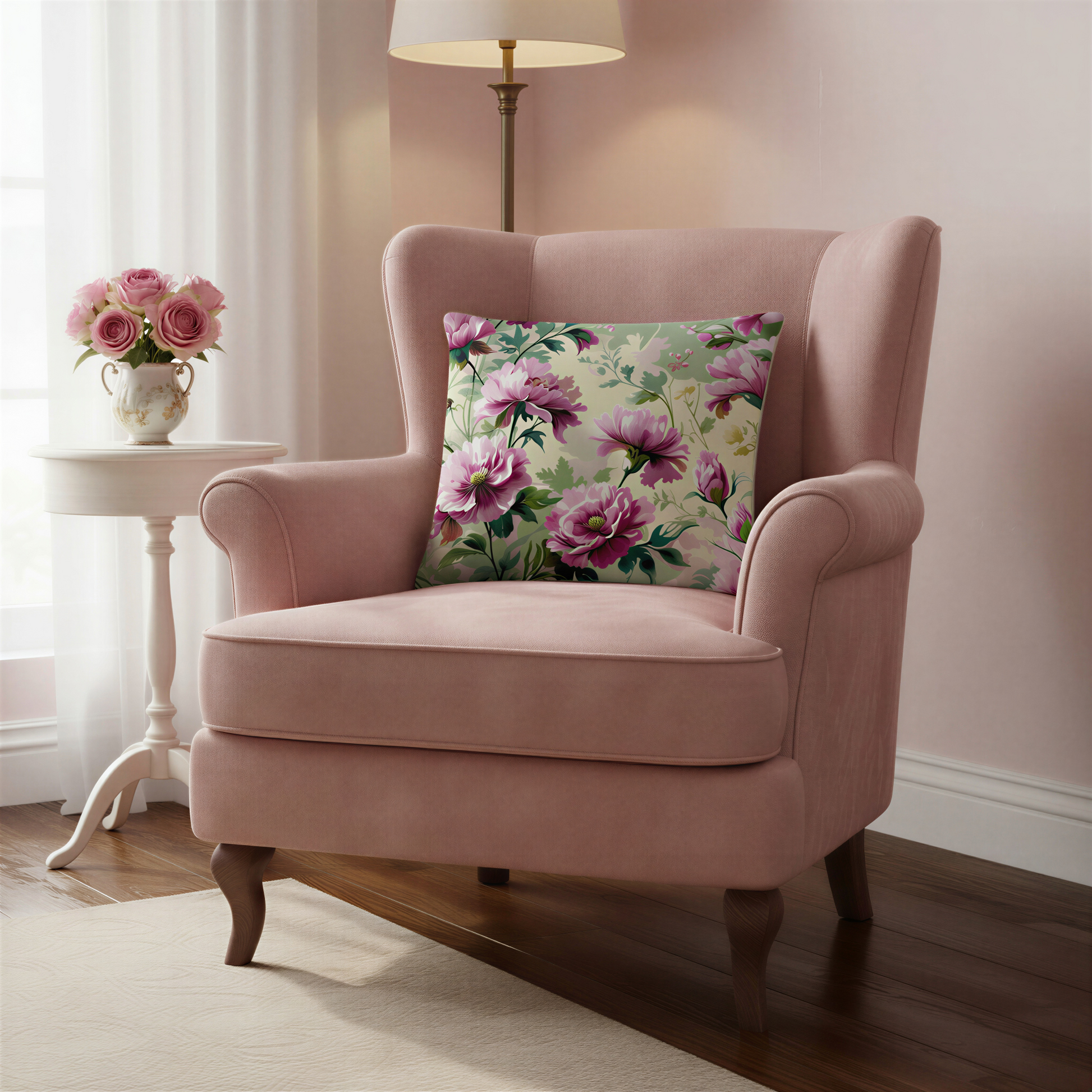 Square decorative cushion featuring large pink and raspberry flowers with green foliage on a soft sage and cream background.