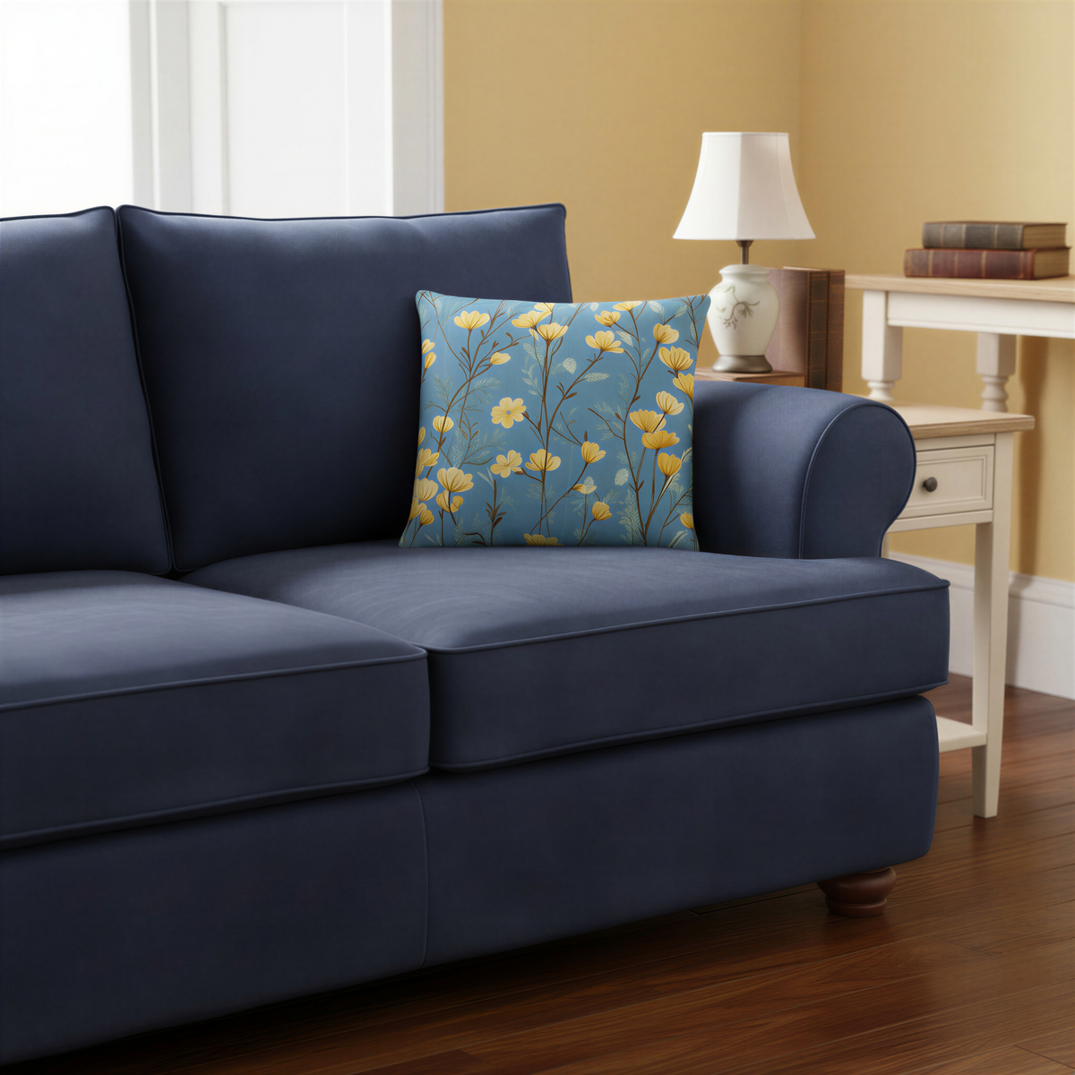 Blue floral cushion decorated with an all-over meadow pattern of soft yellow flowers, fine brown stems and delicate botanical leaves