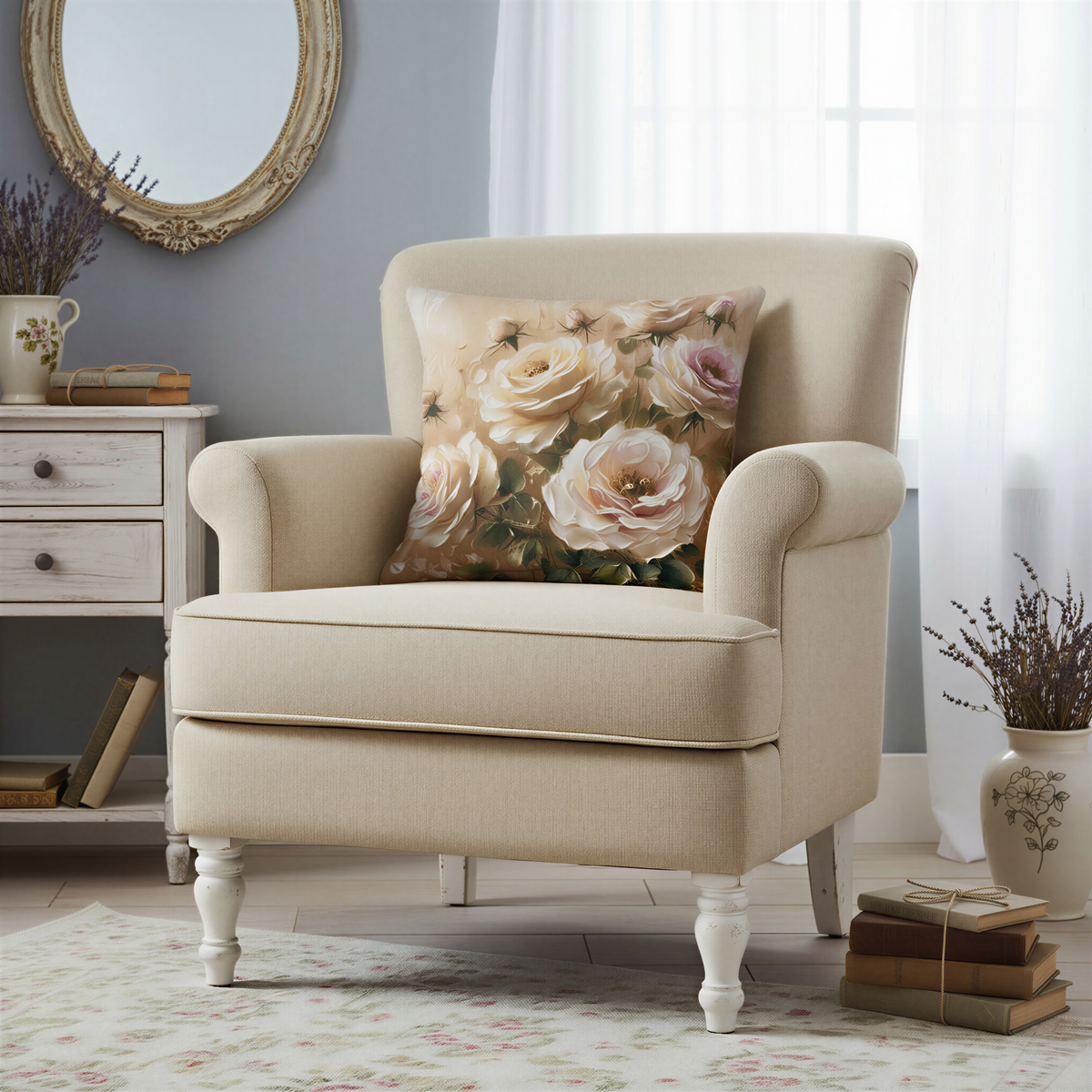Square decorative cushion featuring large cream and blush pink roses in full bloom against a warm beige background. The flowers are painted in a soft, impressionist style with delicate petals and muted green leaves.