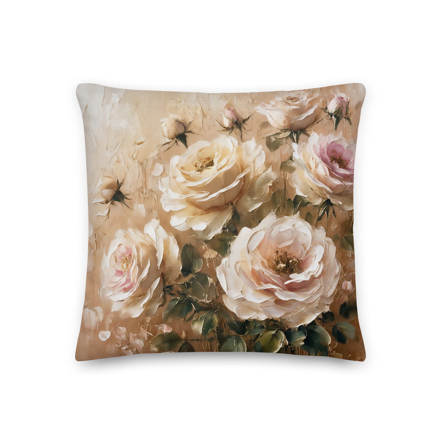 Elegant beautifully designed 18" x 18" cushion, featuring a romantic arrangement of blooming roses in soft ivory, blush pink, and warm champagne tones.