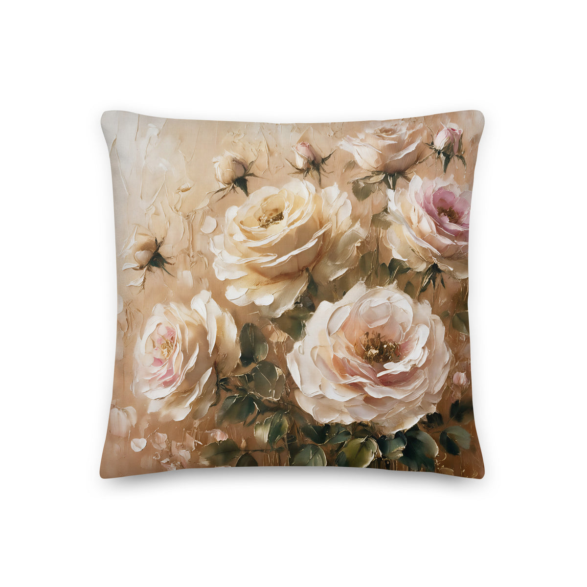 Elegant beautifully designed 18" x 18" cushion, featuring a romantic arrangement of blooming roses in soft ivory, blush pink, and warm champagne tones.