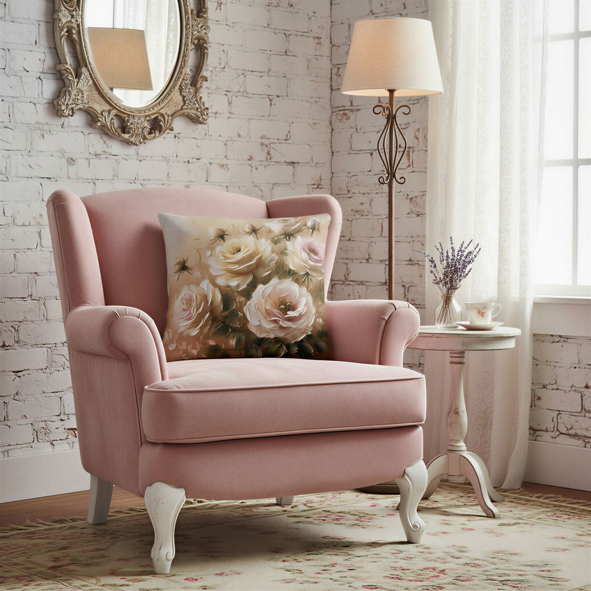 Floral cushion featuring blooming roses, rosebuds, and leafy stems arranged across a soft neutral background. Warm cream, blush, and beige tones give the design an elegant and calming appearance.