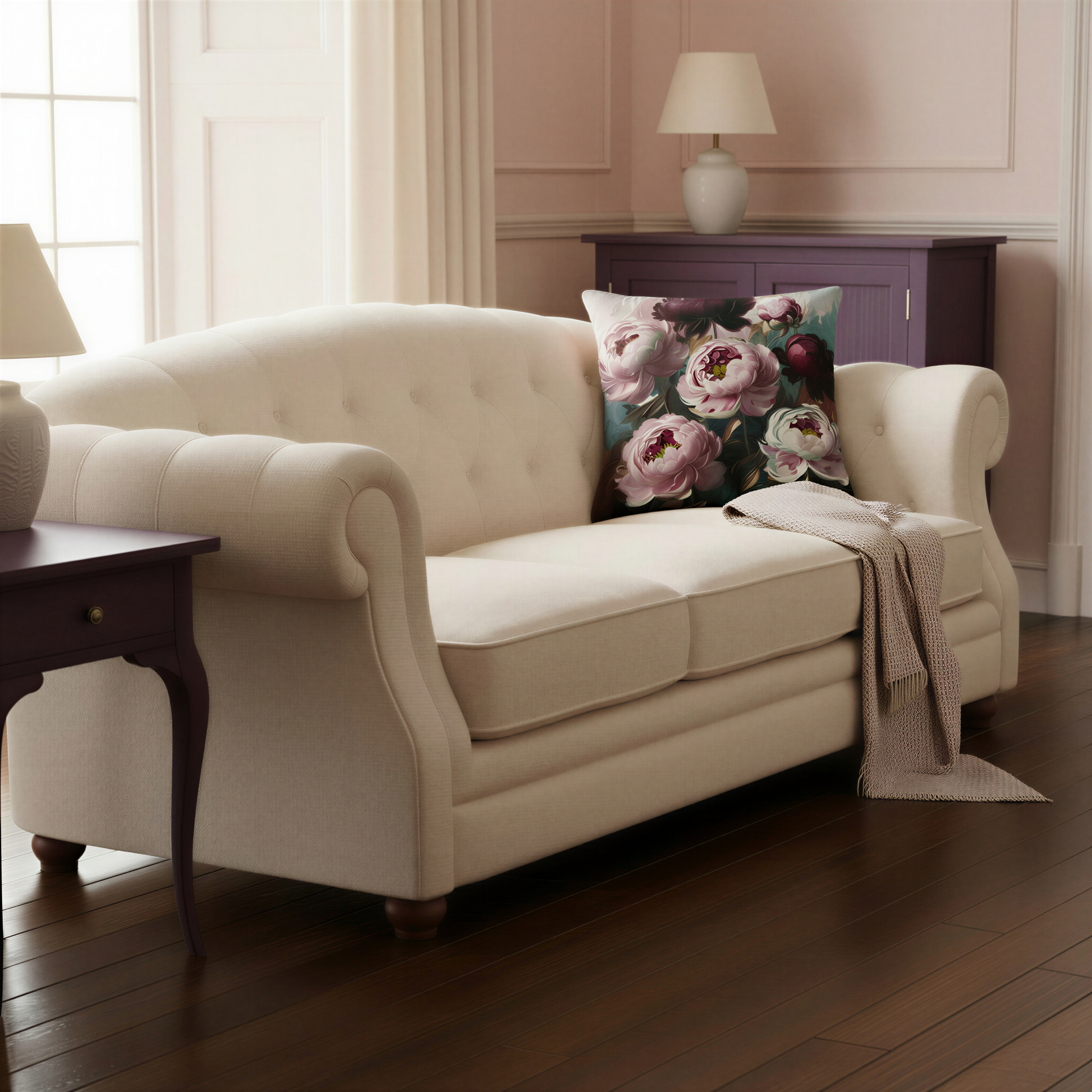 Floral scatter cushion displaying oversized blush-pink peonies with layered petals, burgundy centres and dramatic dark plum noir flowers in a richly painted botanical arrangement.
