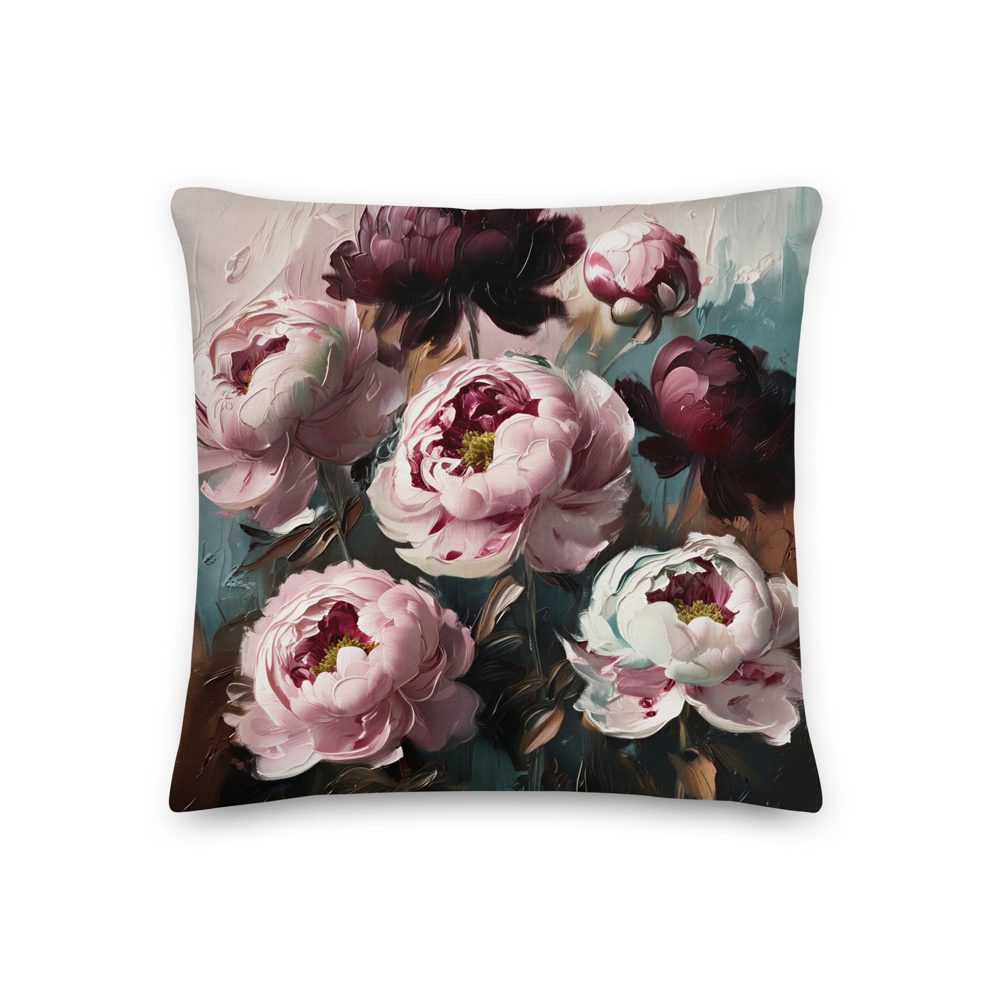 Painterly floral cushion with large blush-pink peonies, deep plum noir flowers and dark teal accents.