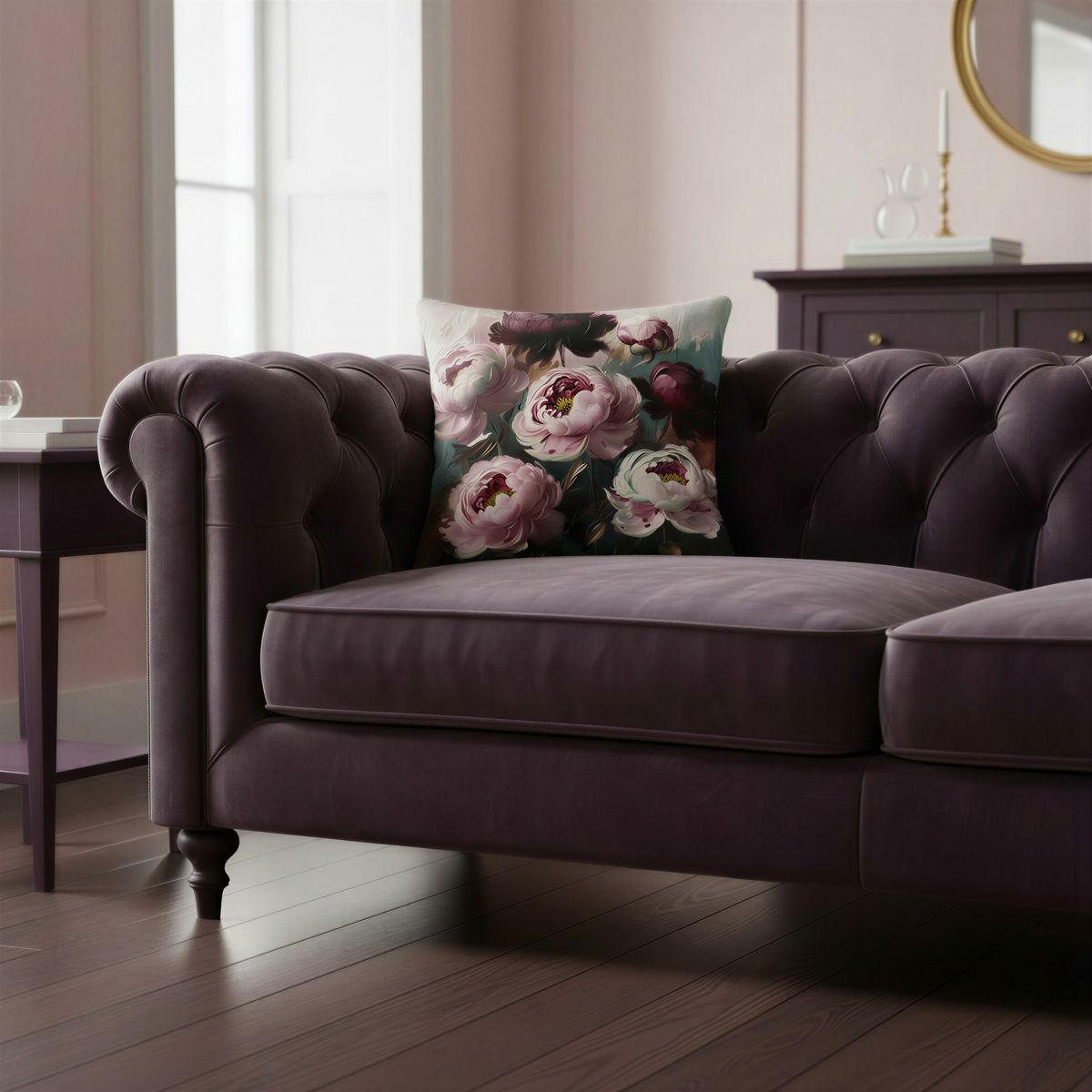 Square cushion featuring painterly pink, cream and deep plum noir peony flowers against a moody background of dark green, teal-blue and warm brown tones.