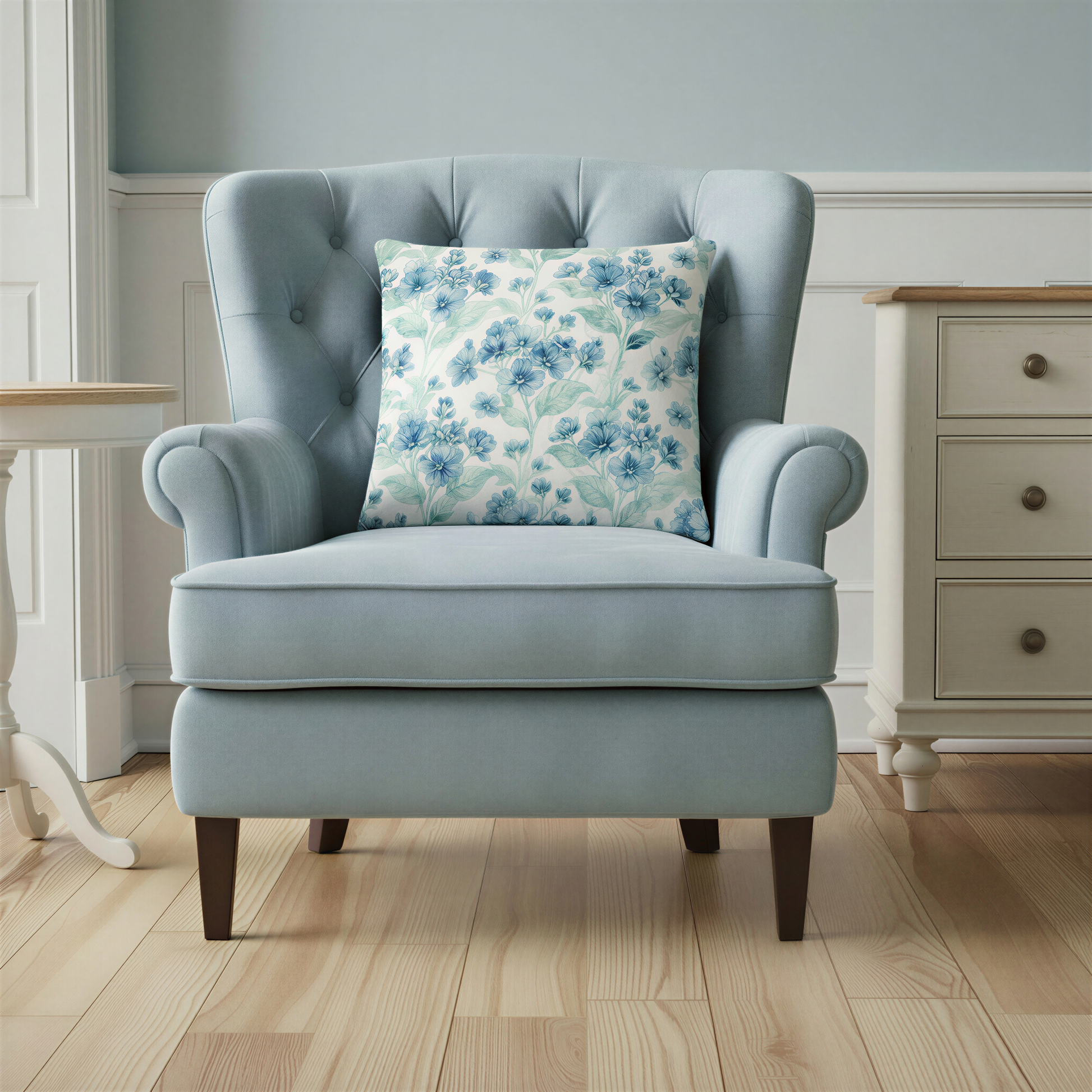 Light-coloured botanical cushion featuring delicate blue flowers and leafy stems in a soft watercolour style on an ivory background.
