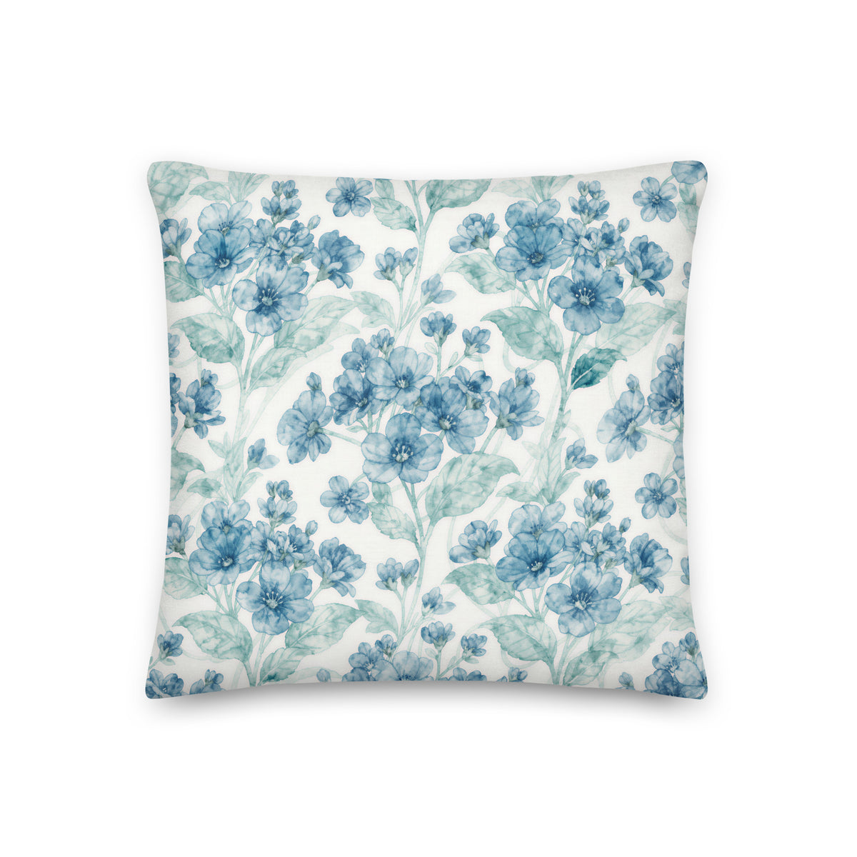 Delicate clusters of blue blossoms, unopened buds and softly painted foliage trail gracefully across a warm ivory background, creating an airy botanical pattern inspired by traditional chintz fabrics.