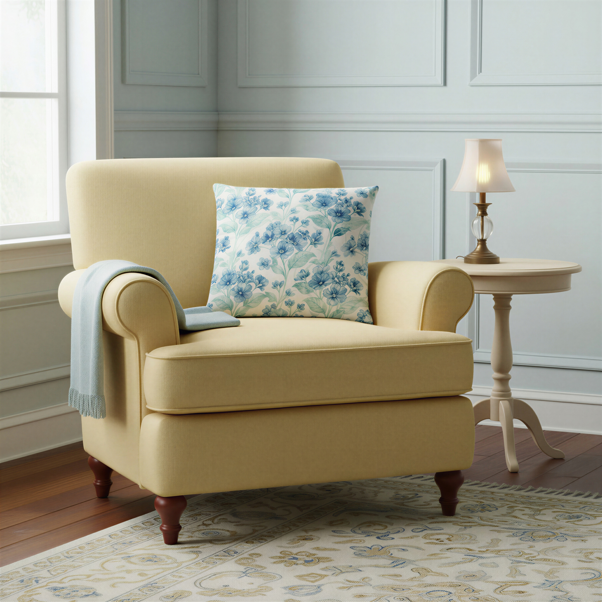 Square decorative cushion featuring clusters of powder blue watercolour flowers and pale aqua-green leaves on a soft ivory background.