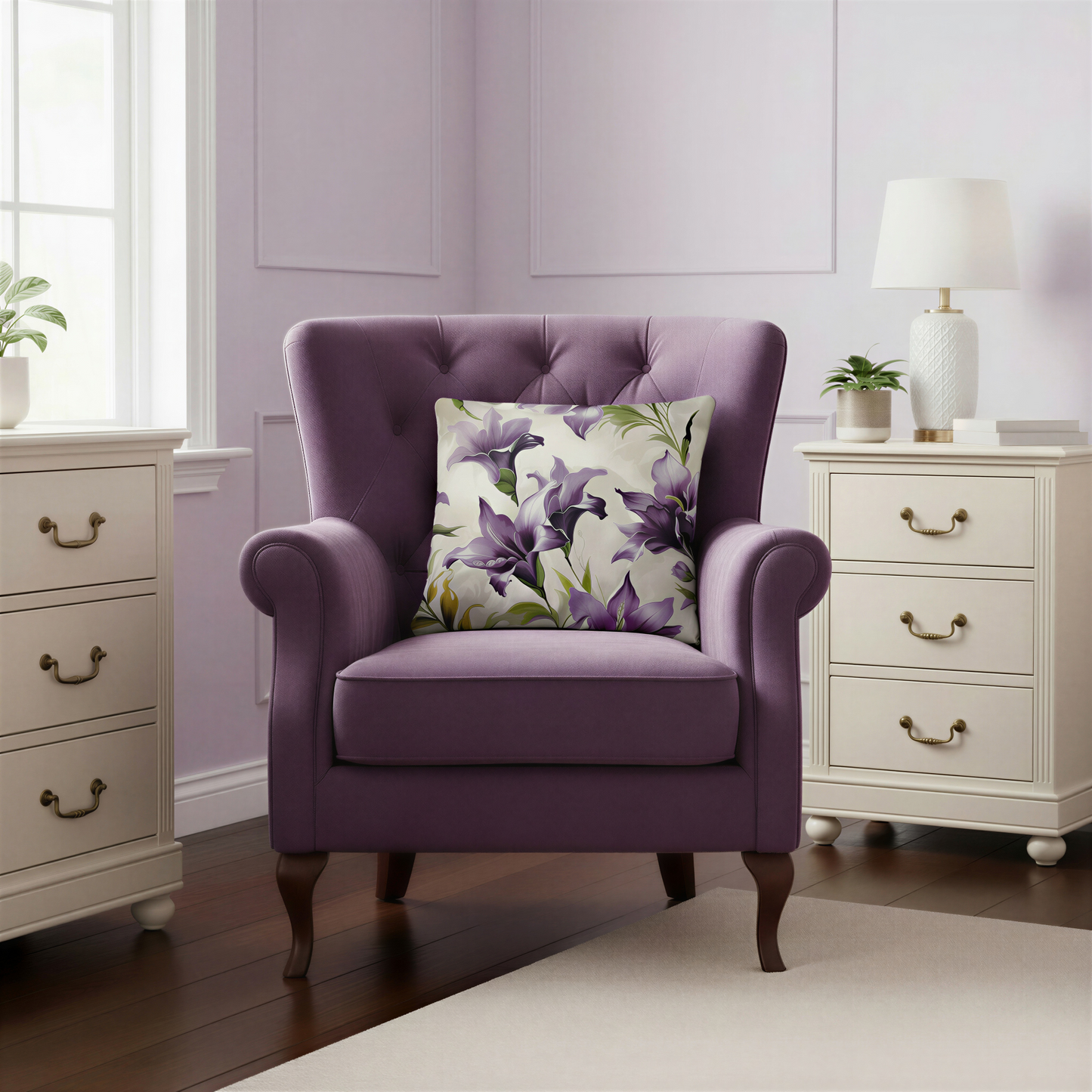Ivory cream floral cushion decorated with sweeping purple, plum and pale lavender flowers and green foliage.