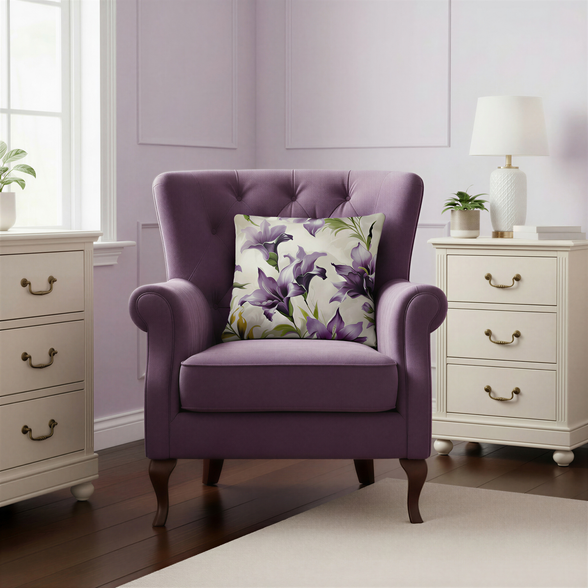 Ivory cream floral cushion decorated with sweeping purple, plum and pale lavender flowers and green foliage.
