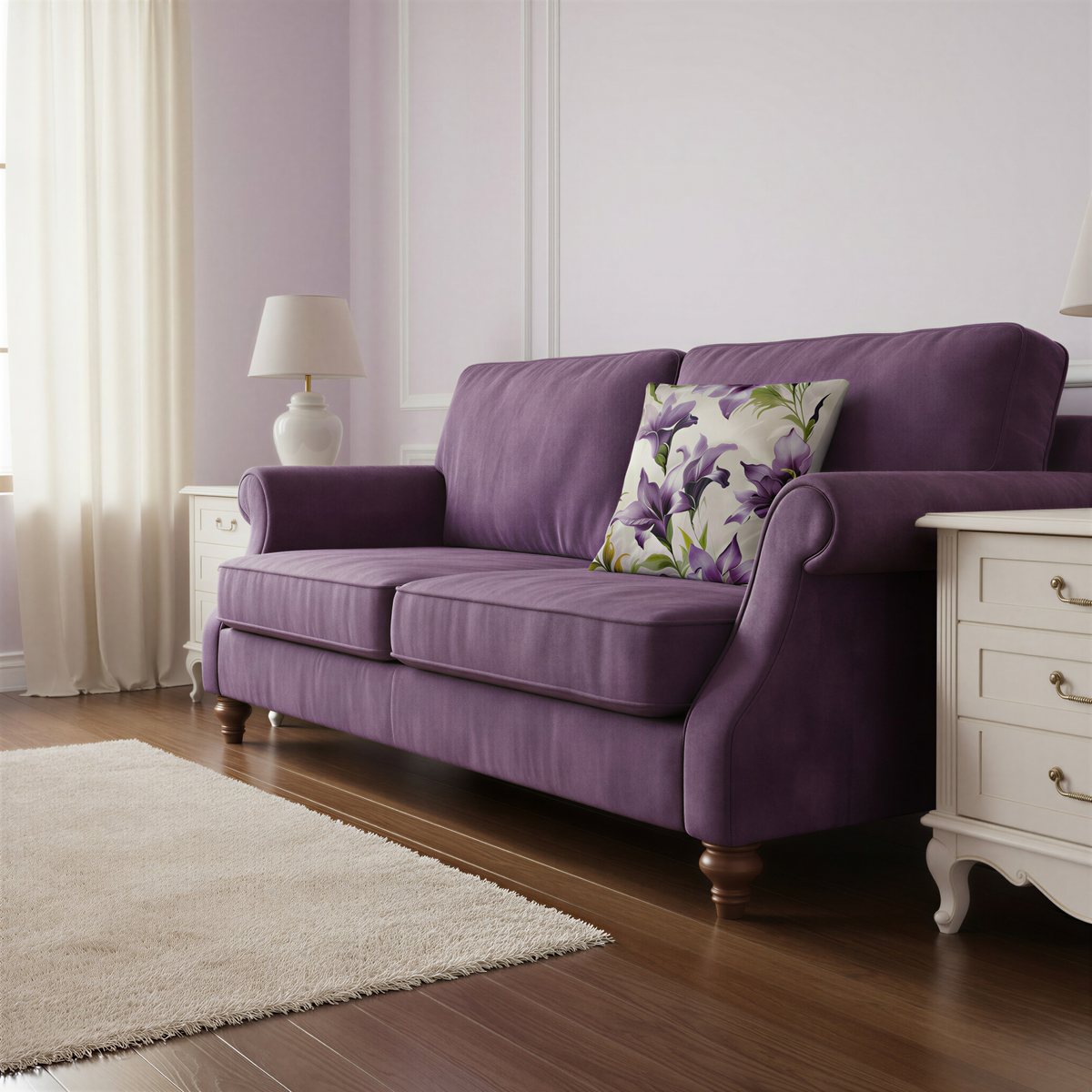 Square botanical cushion featuring purple freesia flowers and fresh green leaves against a cream background.