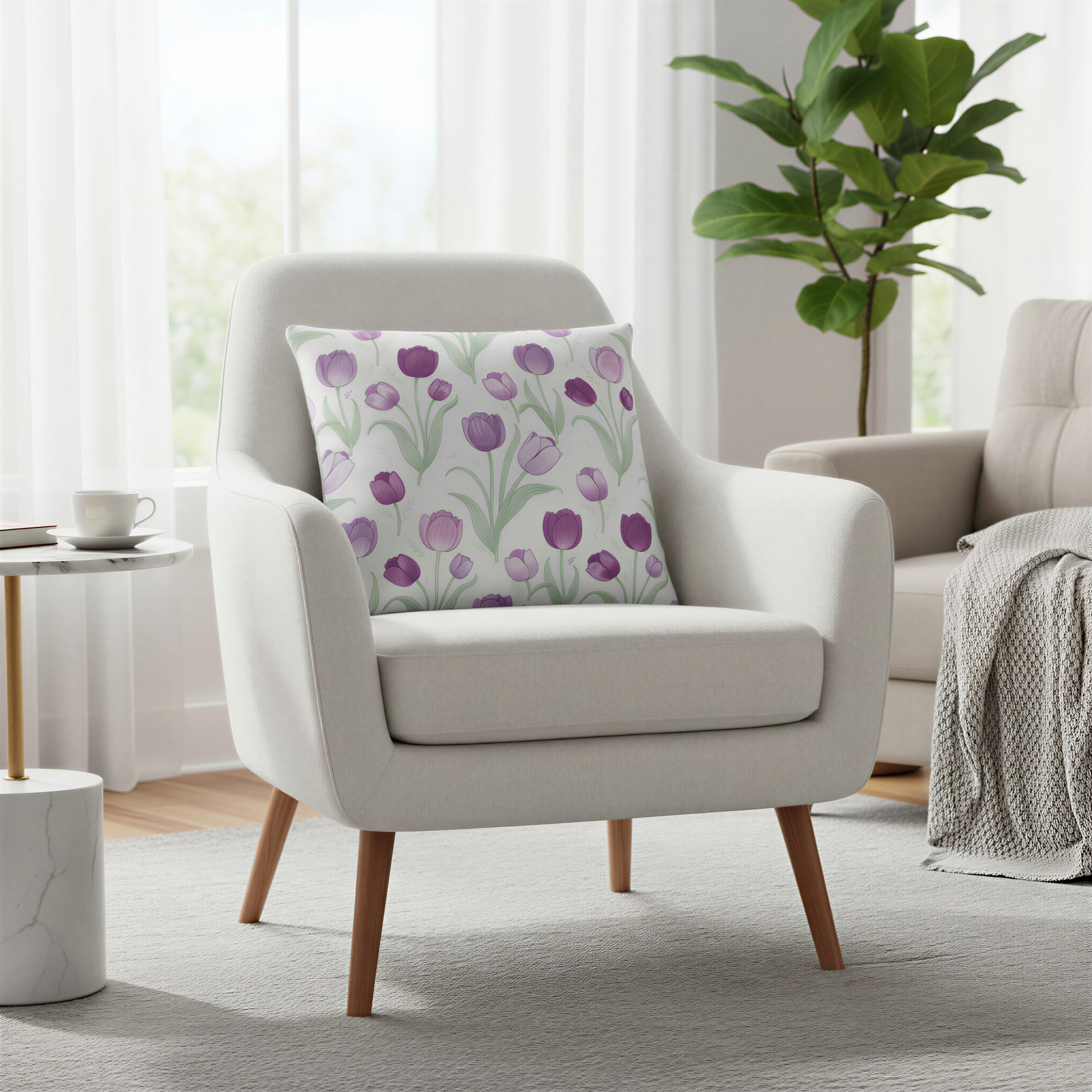 Floral cushion displaying scattered purple tulips and pale green foliage across a bright white background. The soft colour palette gives the design a calm and cheerful appearance.