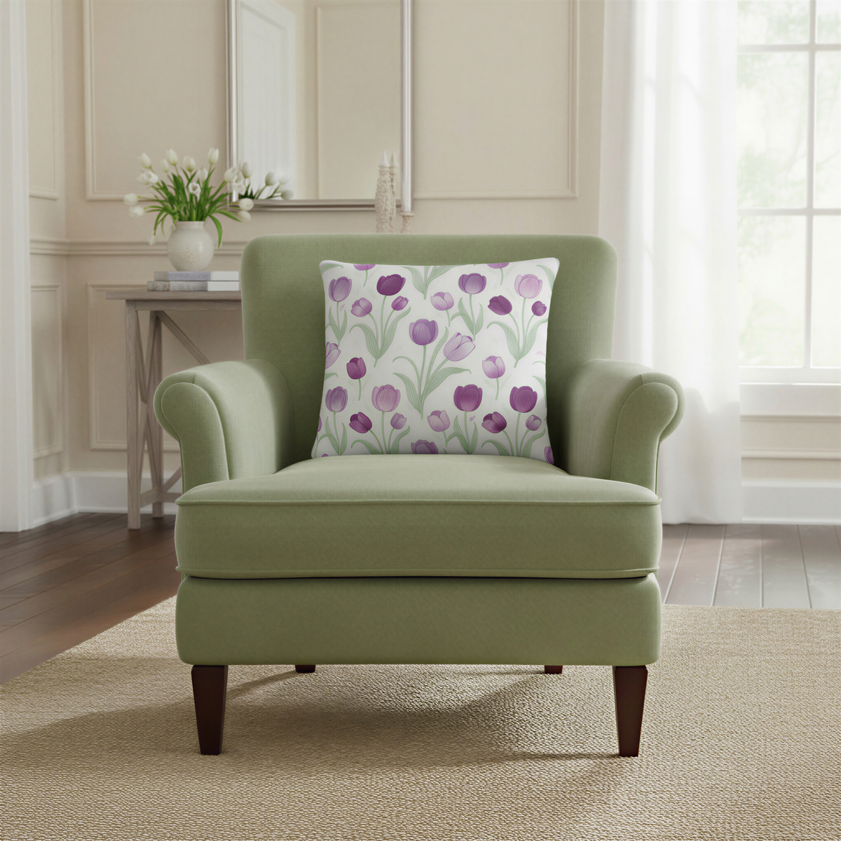 Square decorative cushion featuring a pattern of purple tulips with soft green leaves on a white background. The floral design creates a fresh and elegant botanical look.