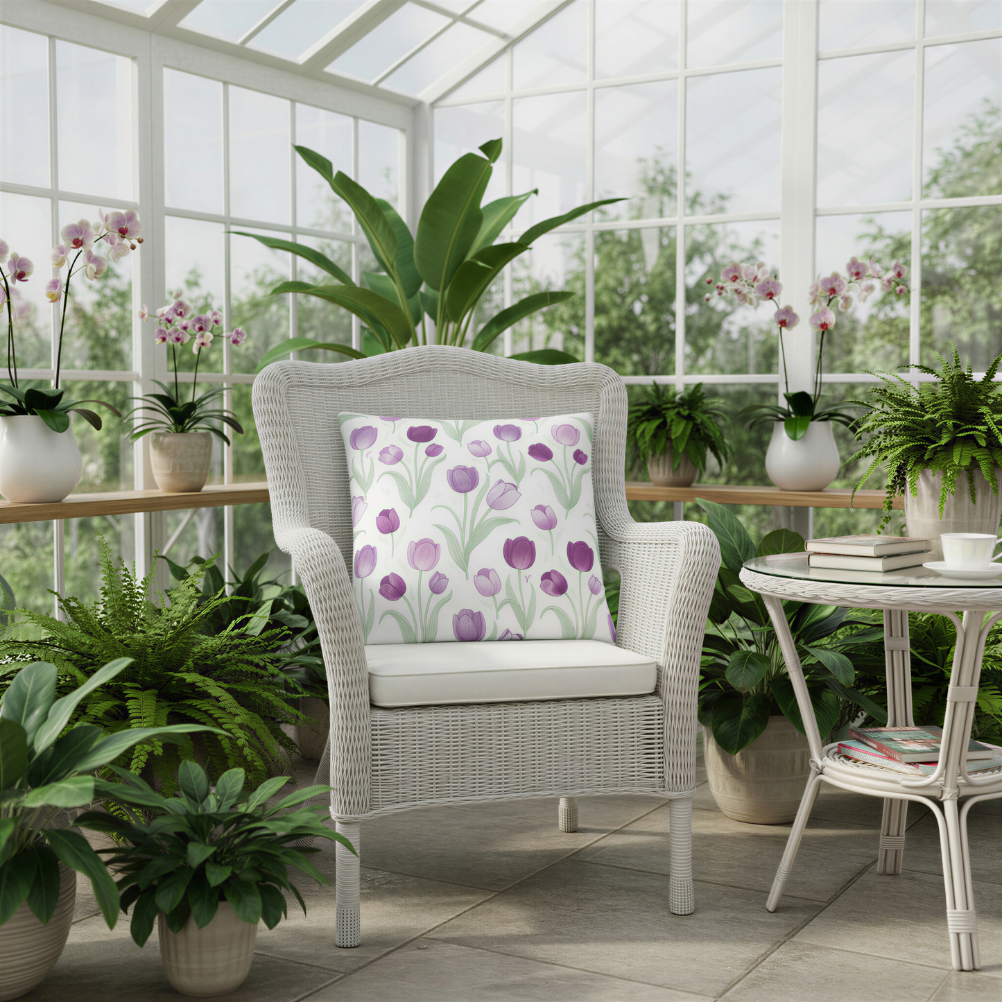 Decorative throw pillow covered in tulip blooms in shades of purple with delicate green stems and leaves adds a light spring garden feel to your home décor.