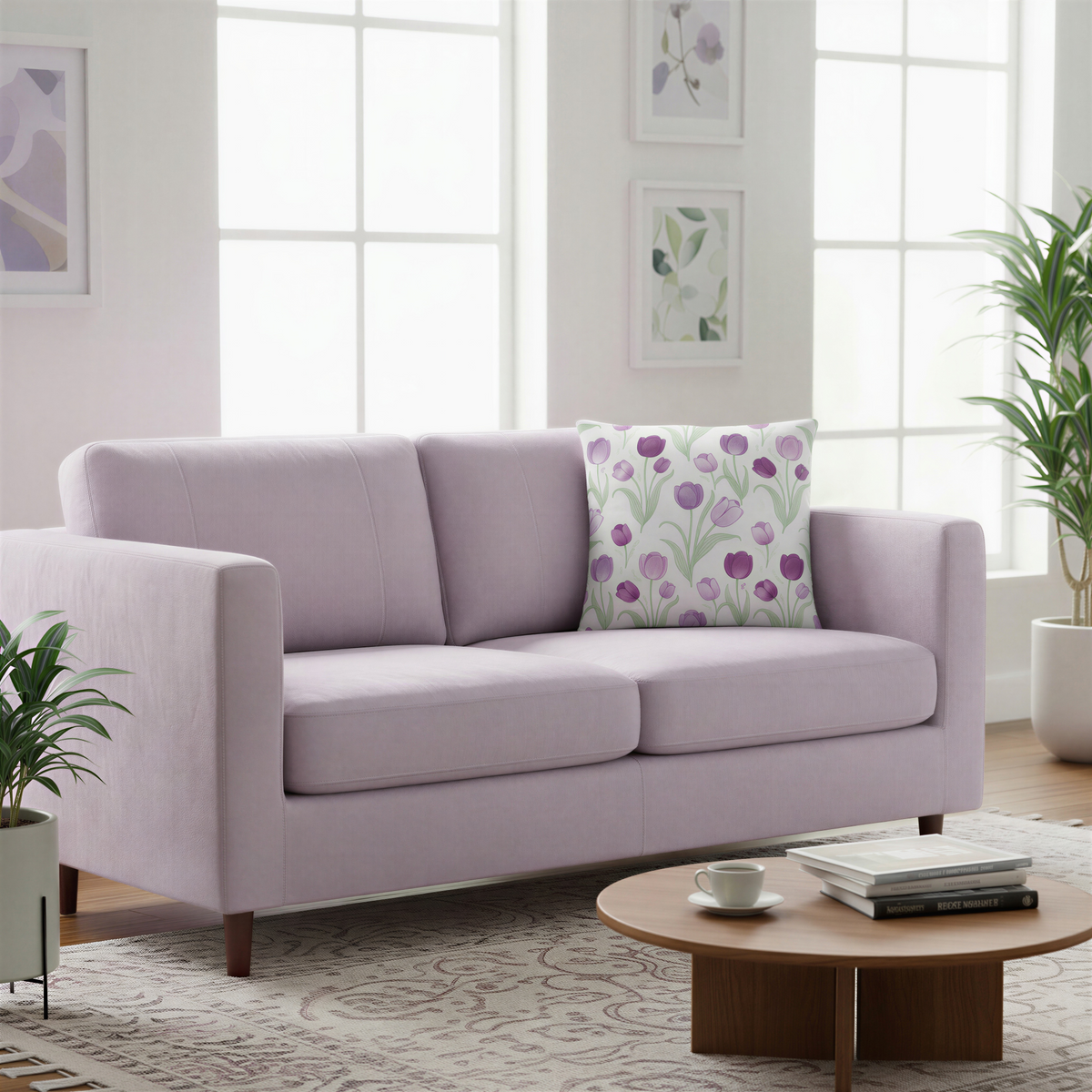 Square cushion featuring a botanical pattern of blooming tulips in various shades of purple. The delicate floral artwork creates a charming cottage garden aesthetic.