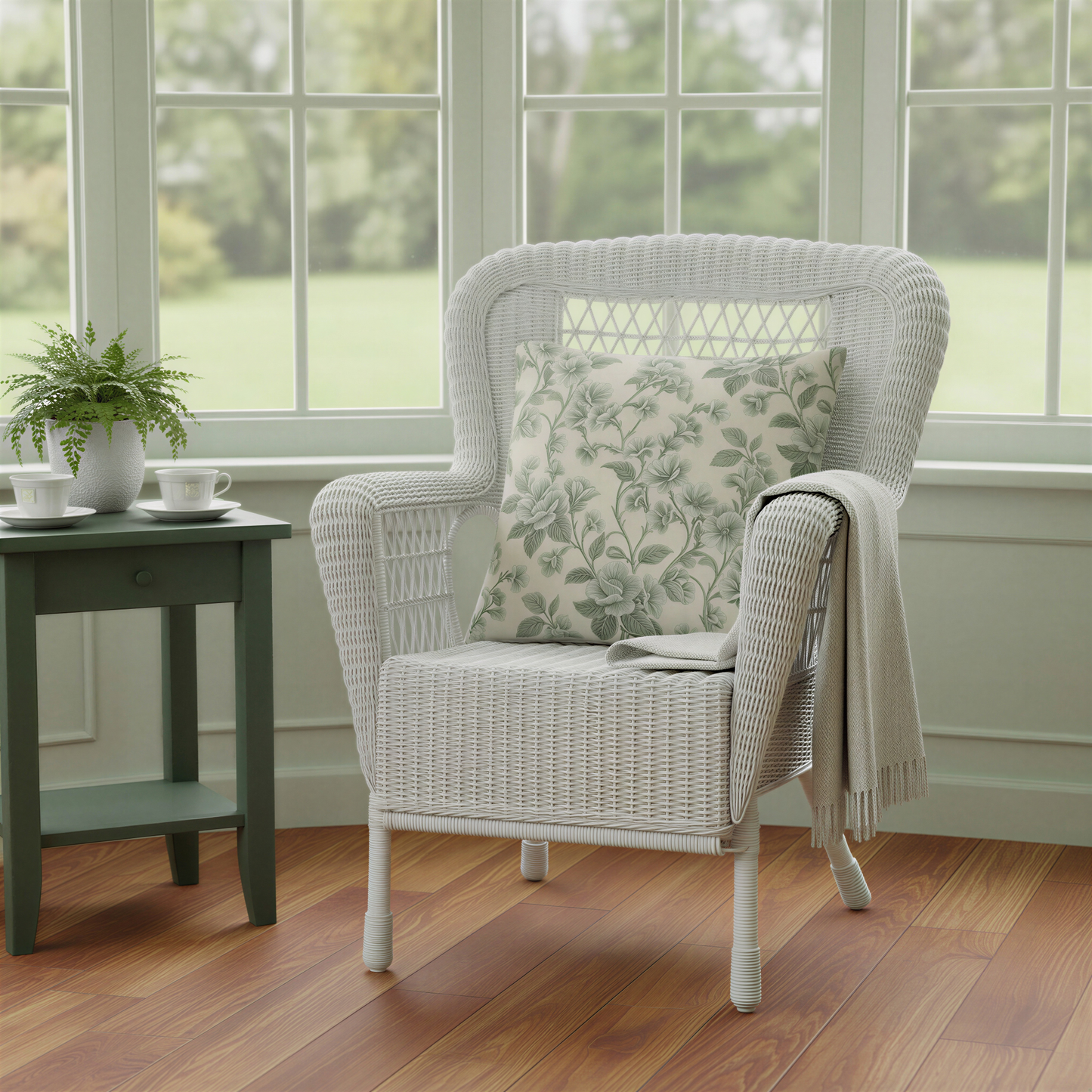 Square decorative cushion featuring an intricate sage green floral and leafy pattern on a warm cream background.