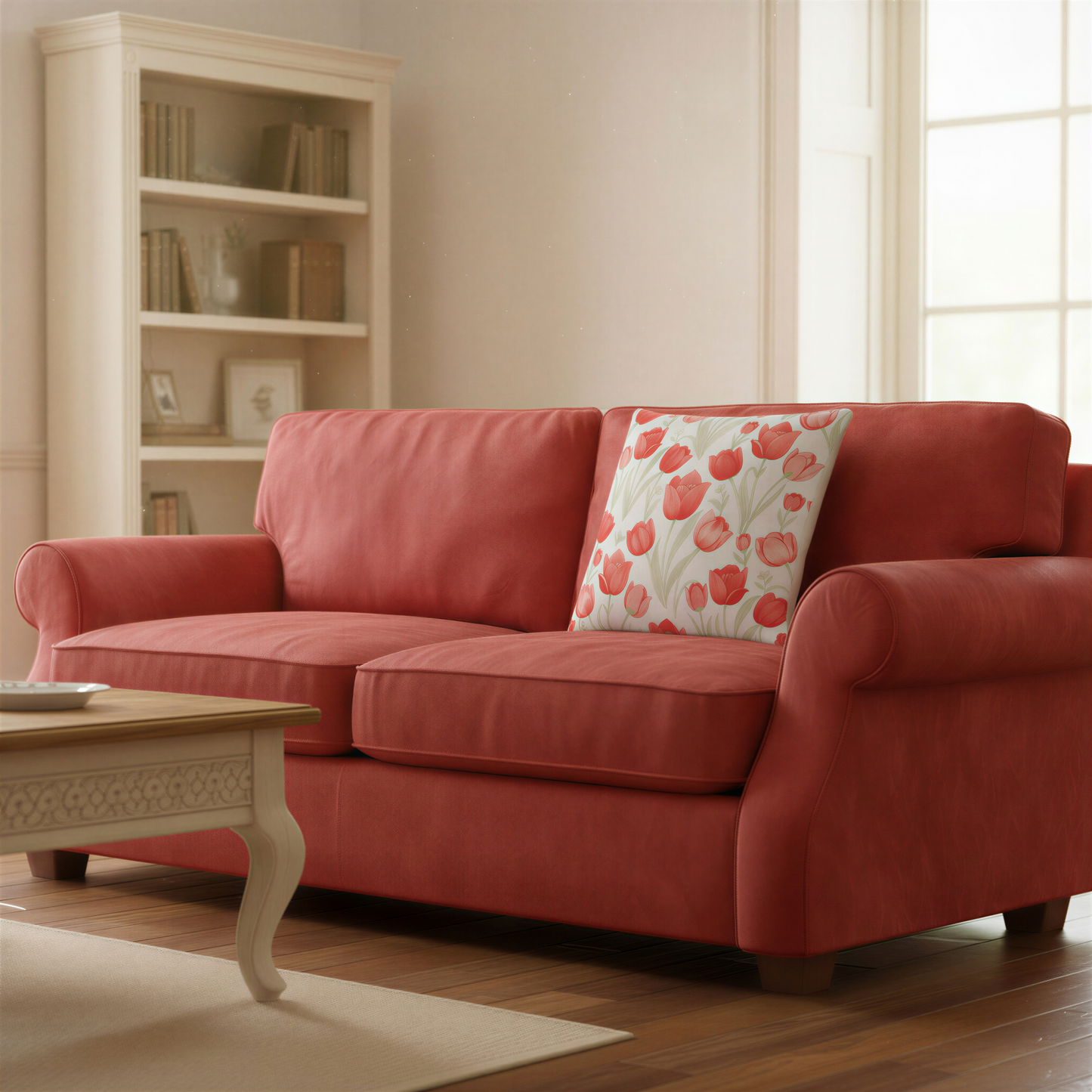 Square decorative cushion featuring red
tulips with pale green stems and leaves on a white background.