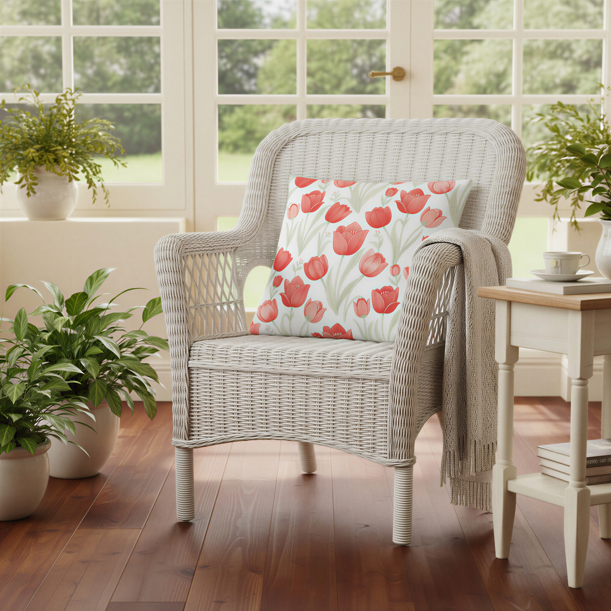 White floral cushion covered with red tulips in different sizes with sage-green foliage.