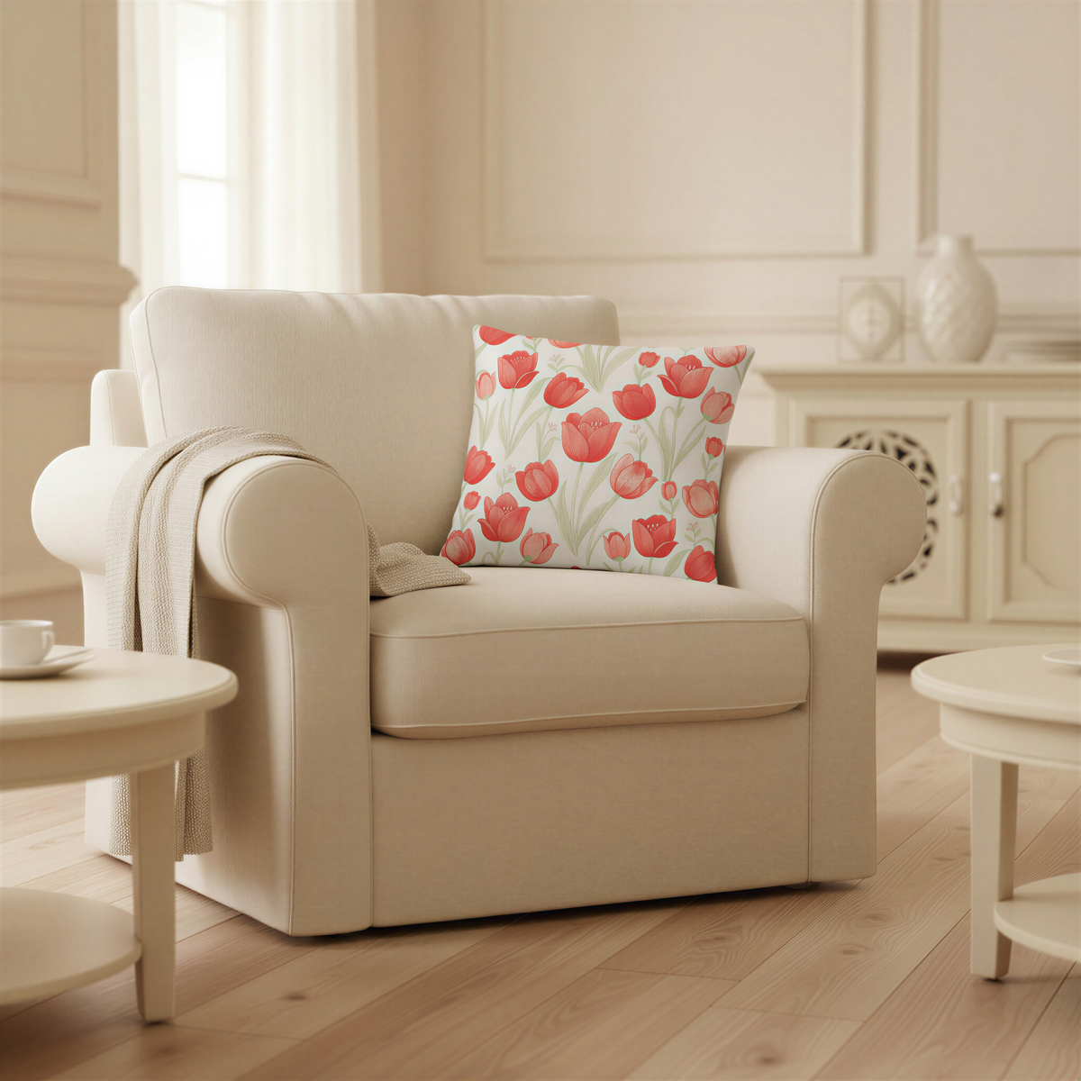 Spring garden cushion featuring an all-over pattern of bright red tulip flowers, buds and slender green leaves on white.