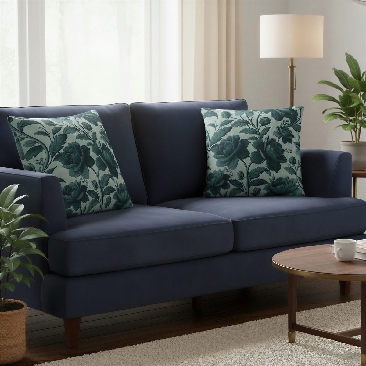 Square decorative cushion featuring an intricate botanical pattern of large blooming flowers and leafy vines in deep teal and blue-green tones. The floral design covers the entire cushion against a pale sage-green background, creating an elegant vintage wallpaper effect.