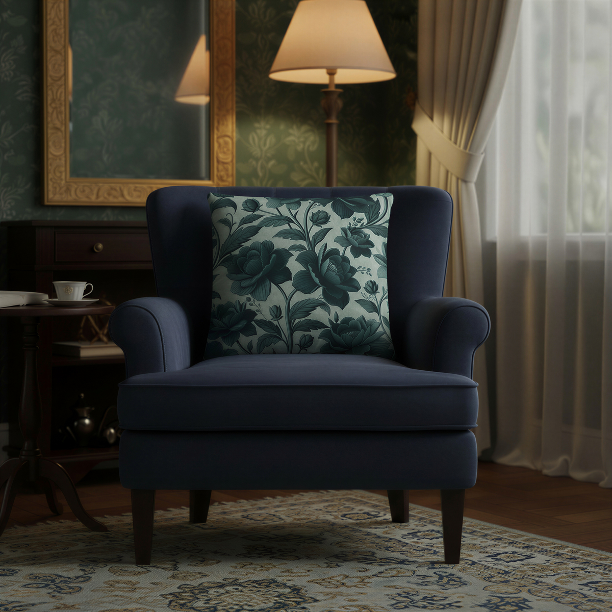 Vintage-inspired floral cushion displaying oversized blossoms and layered leaves in rich shades of teal and blue-grey. The intricate botanical artwork stands out against a soft light teal background, adding a calm and elegant feel to any room.