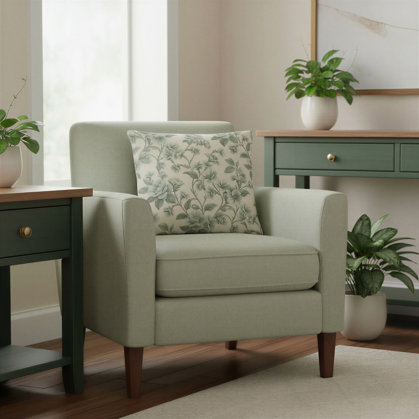 Square decorative cushion featuring an intricate sage green floral and leafy pattern on a warm cream background.