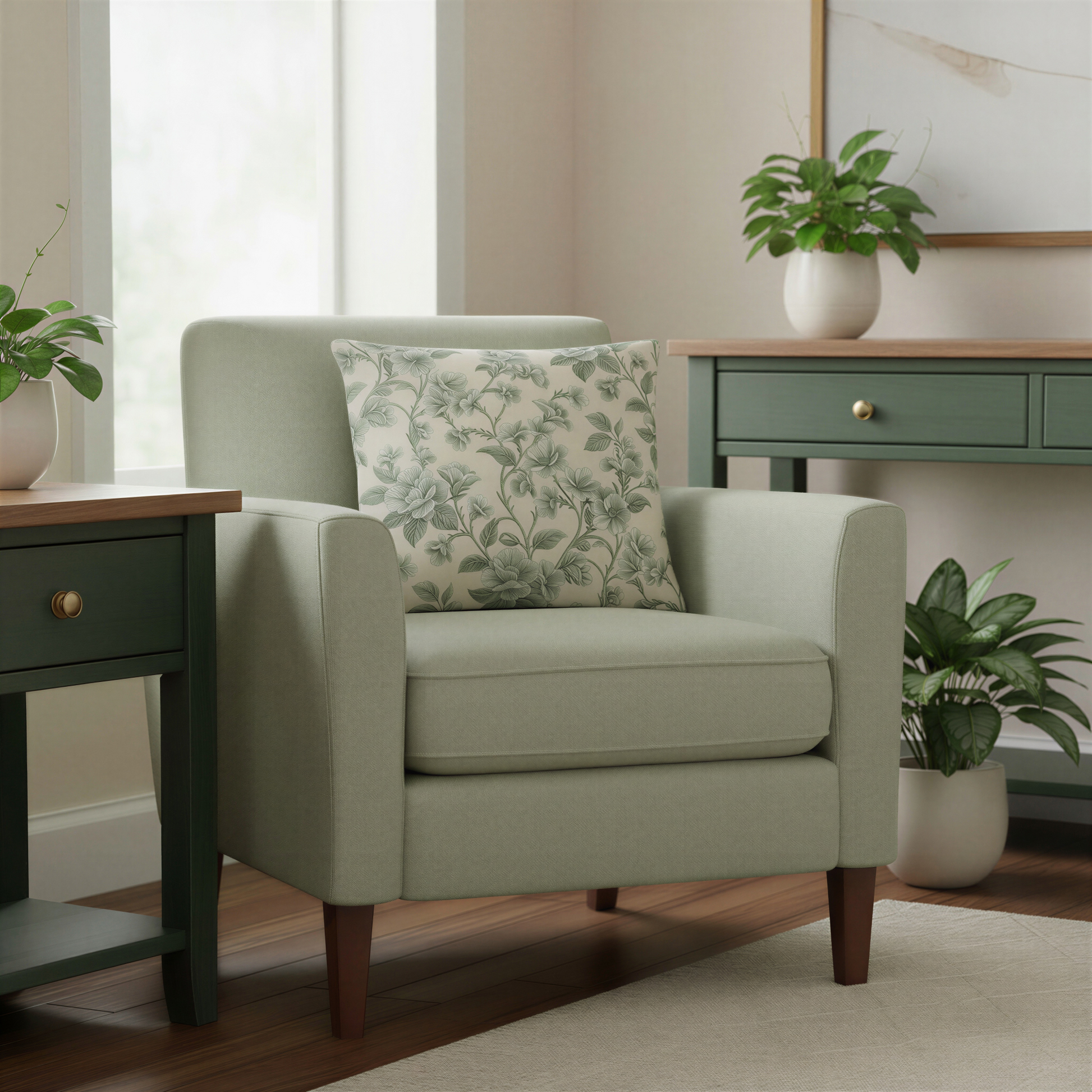 Square decorative cushion featuring an intricate sage green floral and leafy pattern on a warm cream background.
