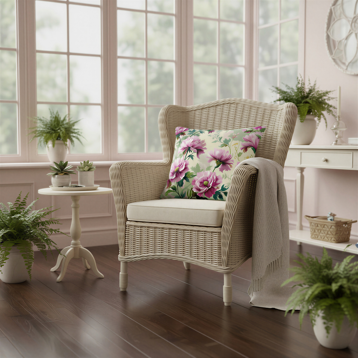 Romantic botanical cushion featuring abundant magenta pink and raspberry flowers with soft green leaves and delicate smaller blooms on a light cream and sage green background.
