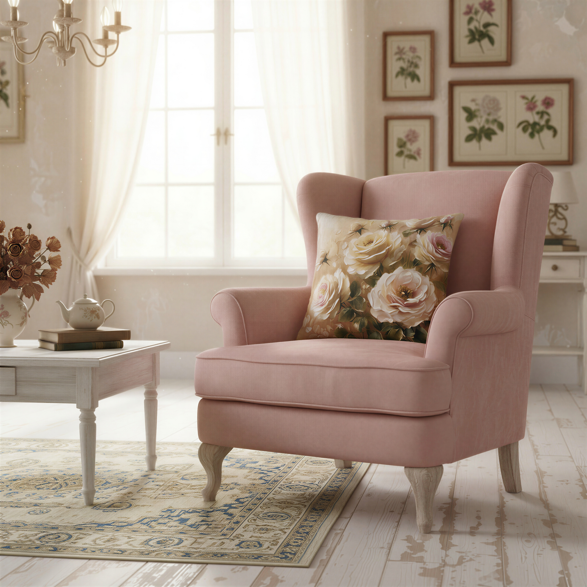 Decorative throw pillow displaying romantic garden roses in shades of ivory, champagne, and pale pink. The floral artwork has a textured painterly appearance, creating a timeless vintage feel.