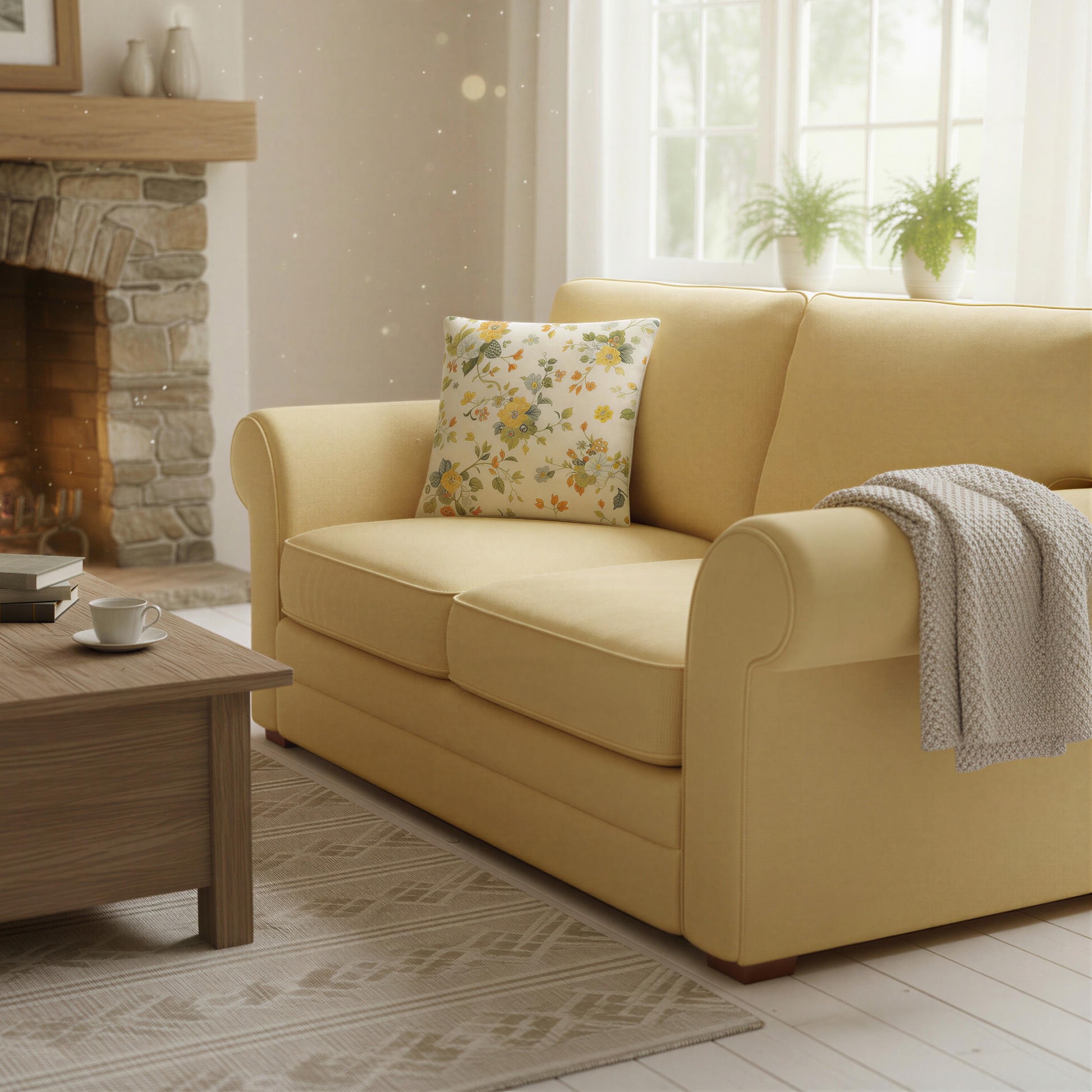 Square decorative cushion featuring a vintage-style floral pattern of yellow, ivory, pale blue and sage-green flowers with leafy stems on a soft cream background.