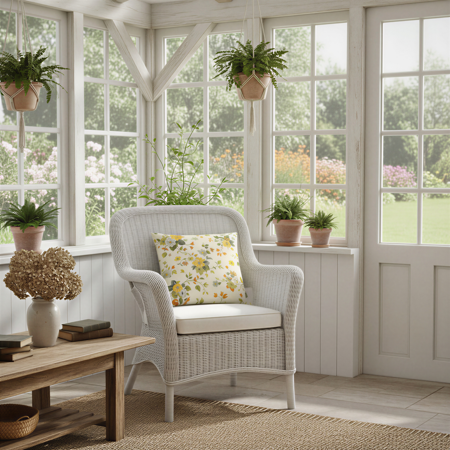 Decorative cushion featuring an all-over vintage floral design on a cream background, with colourful flower clusters, leafy foliage and trailing stems in soft country garden colours.