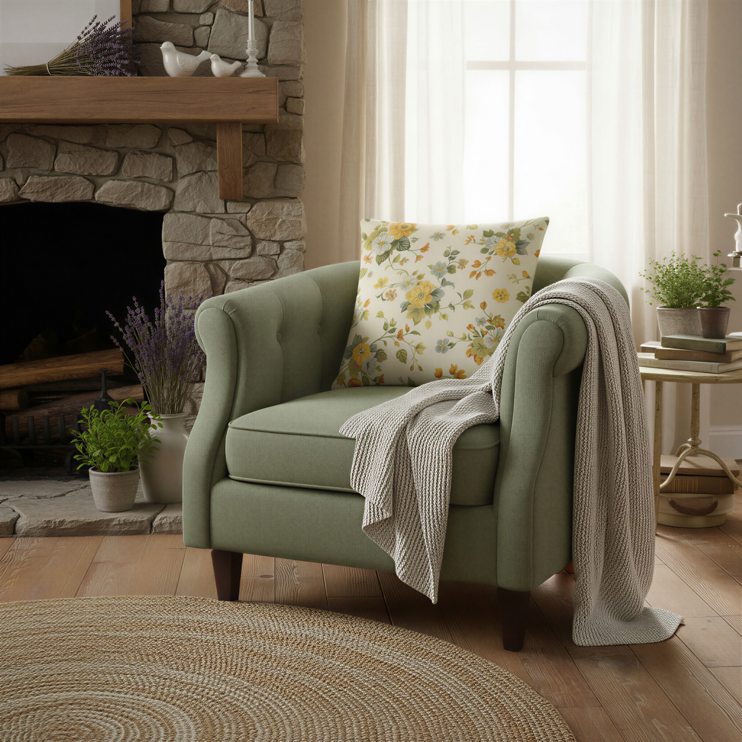 Floral scatter cushion covered in a traditional chintz-inspired design with clusters of yellow and white flowers, blue blooms, green leaves and small orange blossoms.