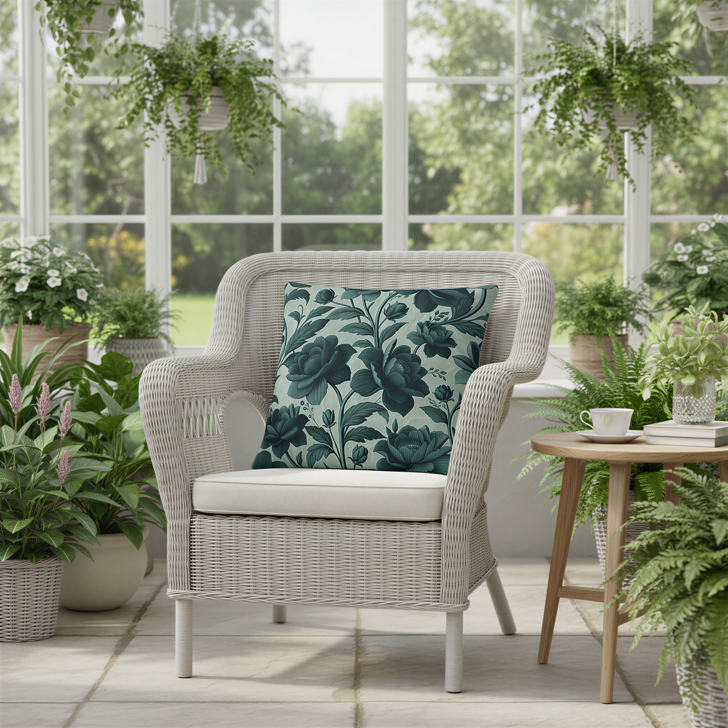 Decorative throw pillow with detailed teal flowers, flower buds, and scrolling foliage arranged in a seamless repeating pattern. The monochromatic blue-green palette gives the cushion a sophisticated, classic botanical look inspired by traditional English garden designs.