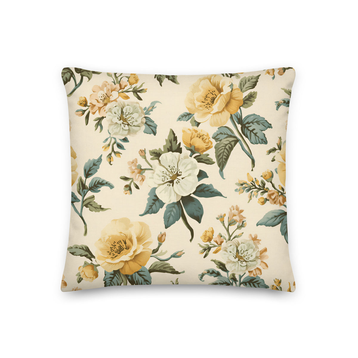 Vintage-style chintz cushion with golden-yellow and ivory flowers, muted green foliage and a warm cream background.