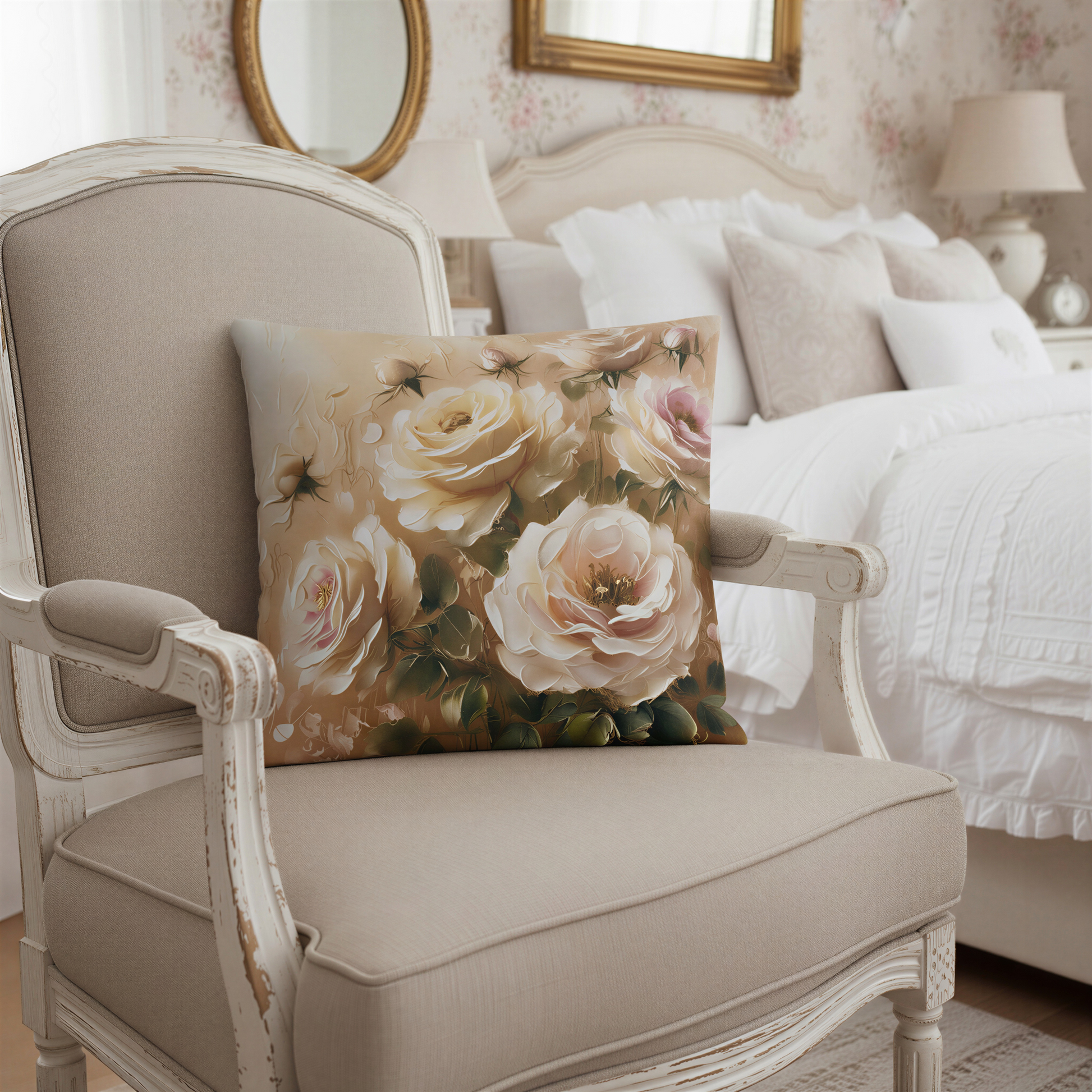 Square cushion showcasing oversized roses with layered petals in creamy white and soft pink hues. The artwork resembles an oil painting, with rich textures and subtle botanical details that evoke an English cottage garden.