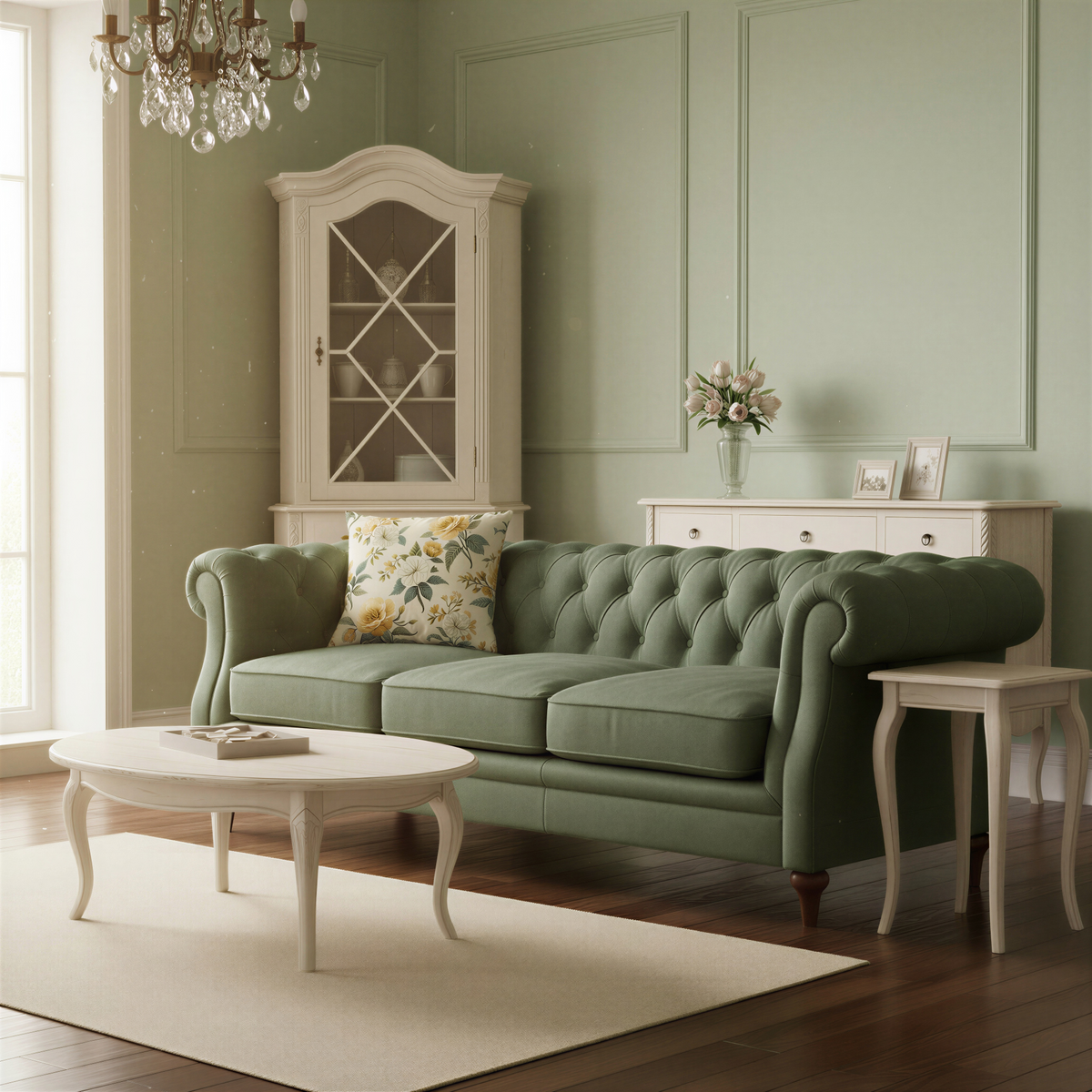 Square cushion featuring a traditional chintz-inspired pattern of buttery yellow and soft ivory flowers surrounded by sage and olive-green foliage.
