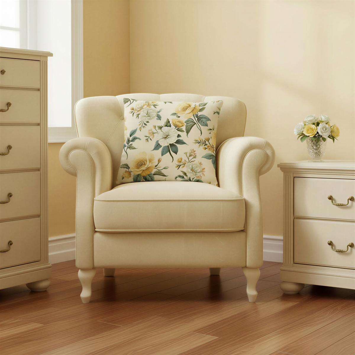 Square decorative cushion featuring golden-yellow and creamy ivory flowers with muted sage green and olive leaves arranged across a warm cream background.