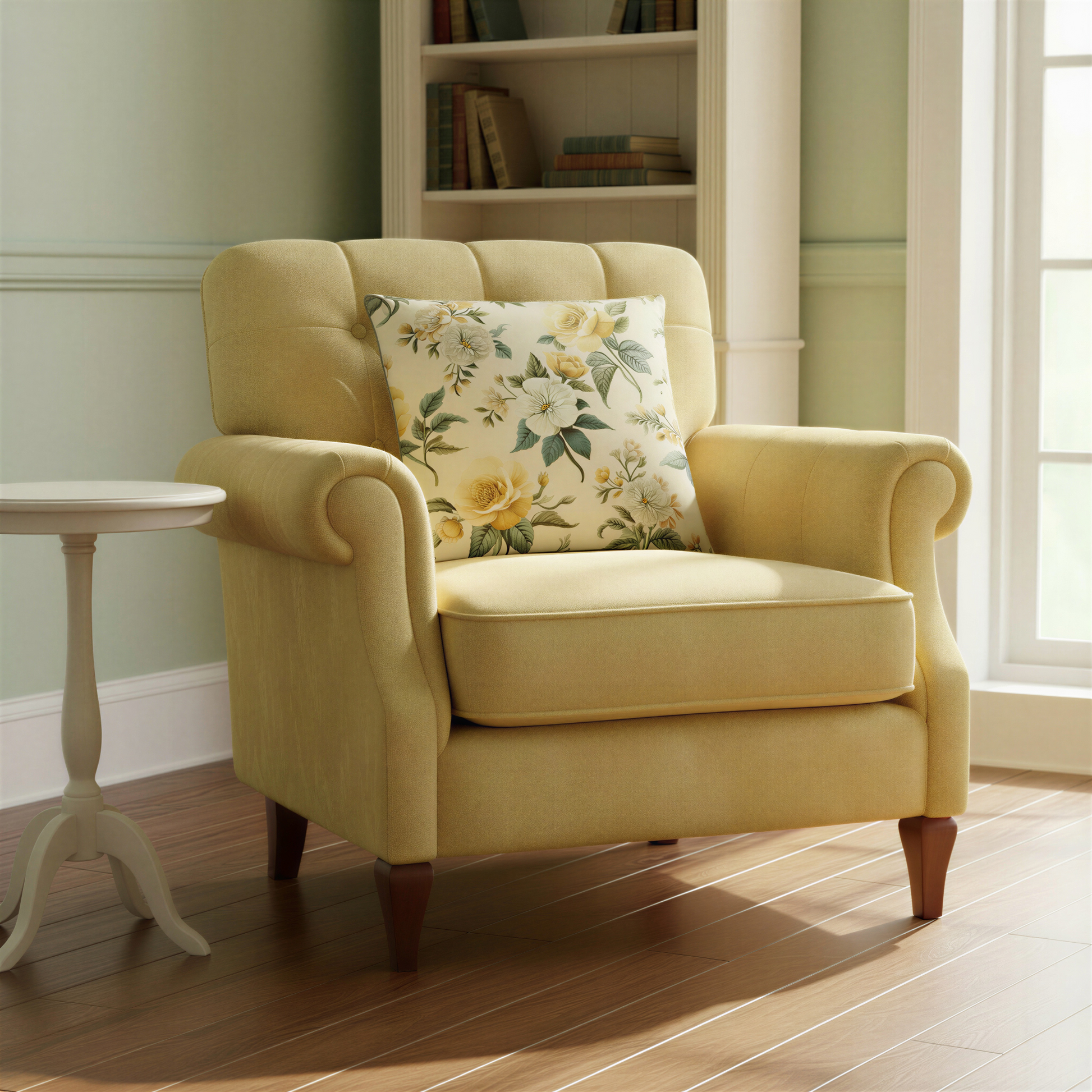 Vintage-style floral cushion decorated with scattered yellow and ivory blossoms, flower buds and leafy sage-green stems on a light neutral background.