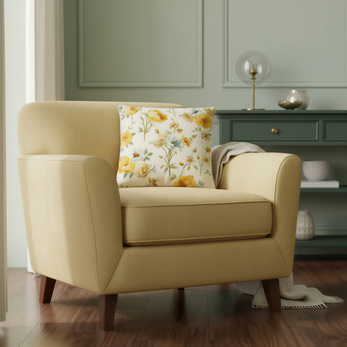 Cream floral cushion decorated with painterly yellow and ivory flowers, delicate buds and muted green foliage.