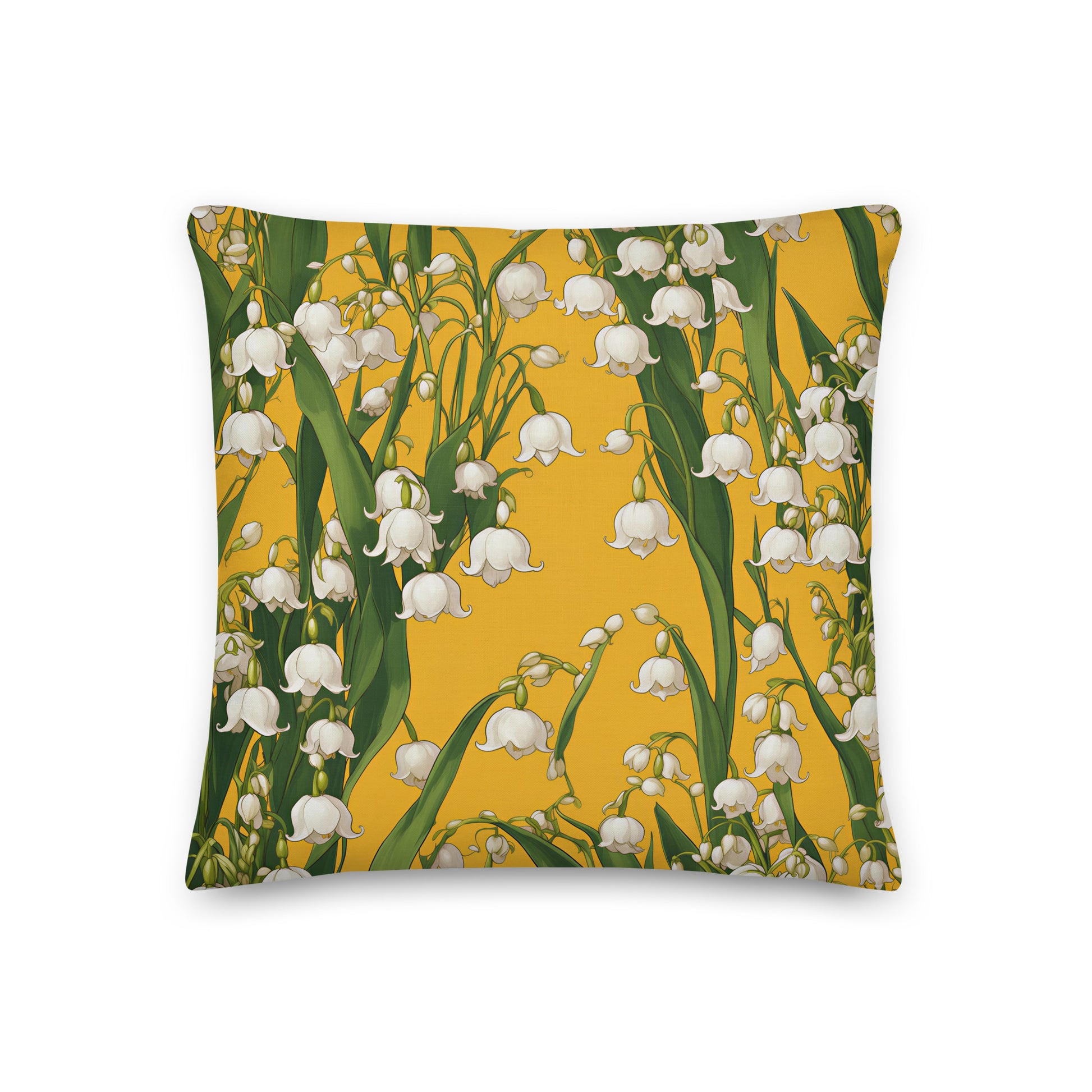Graceful stems of delicate white lily of the valley flowers weave amongst long sweeping green leaves, beautifully contrasted against a warm yellow background.