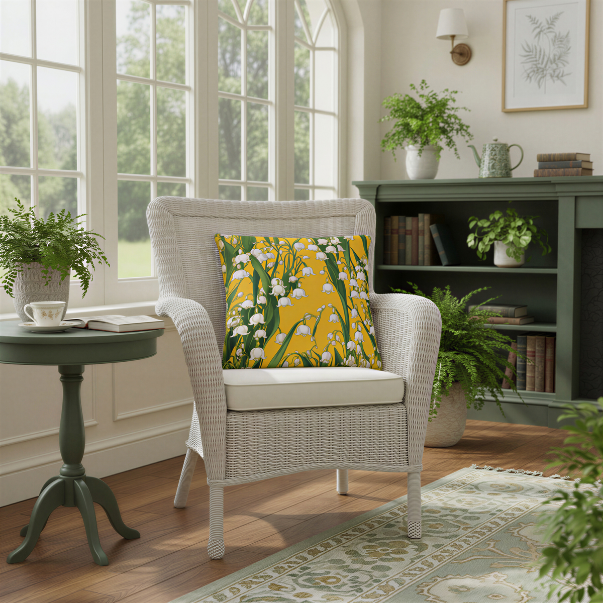 Square decorative cushion featuring white lily of the valley flowers and long dark green leaves against a rich yellow background.