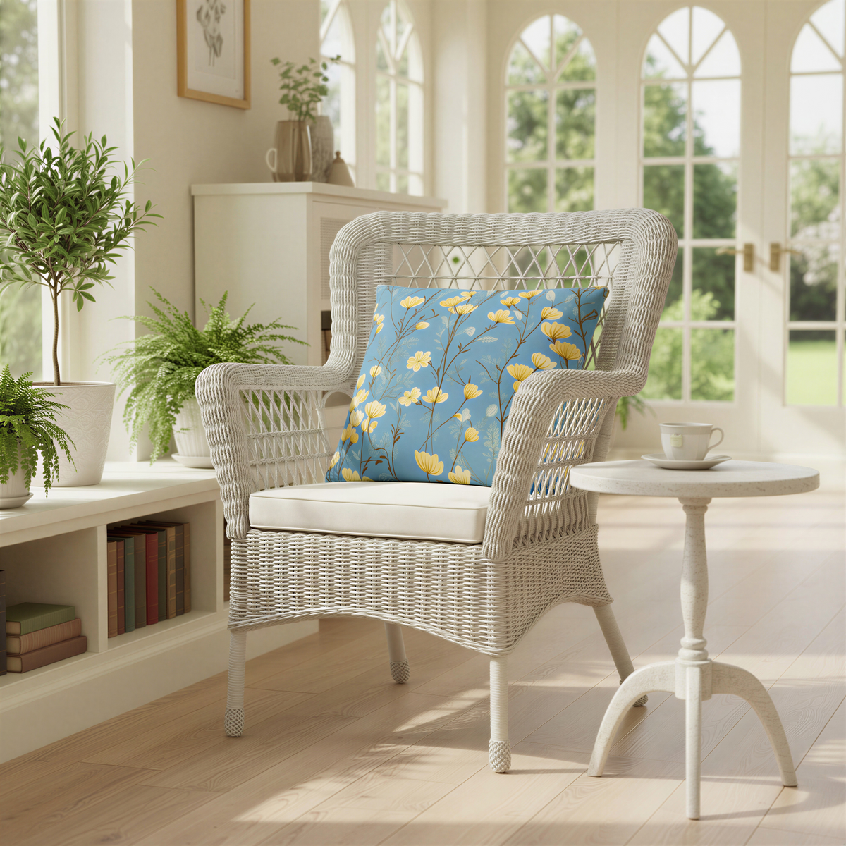 Square cushion with tall yellow wildflowers and scattered pale foliage arranged across a soft blue background.