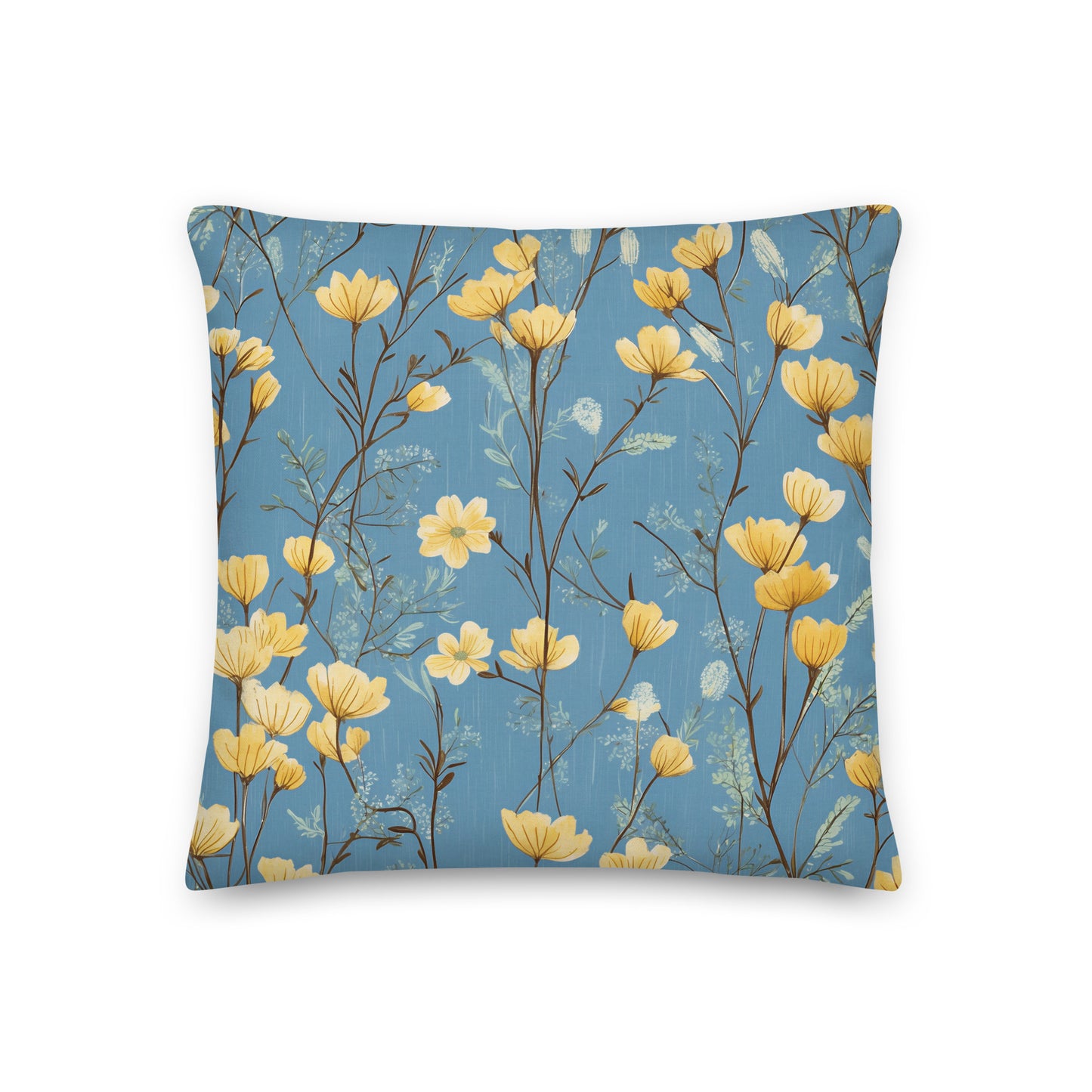 Bring the warmth of a sunlit meadow into your home with this charming yellow wildflower cushion. Delicate yellow flowers rise across a soft blue background, intertwined with slender dark stems and subtle sprays of pale blue-green foliage