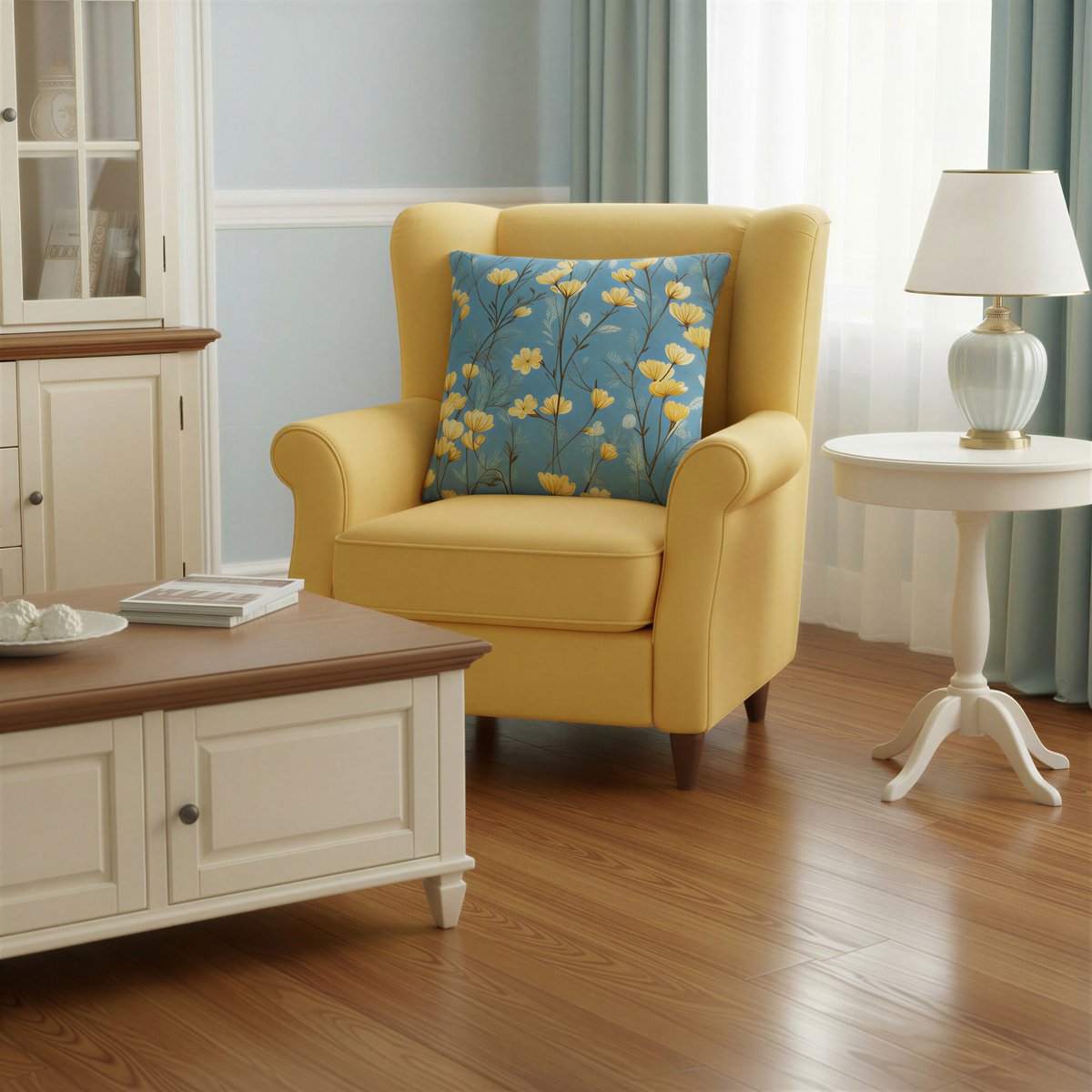 Square decorative cushion featuring yellow wildflowers on slender dark stems against a blue background with pale blue-green foliage.