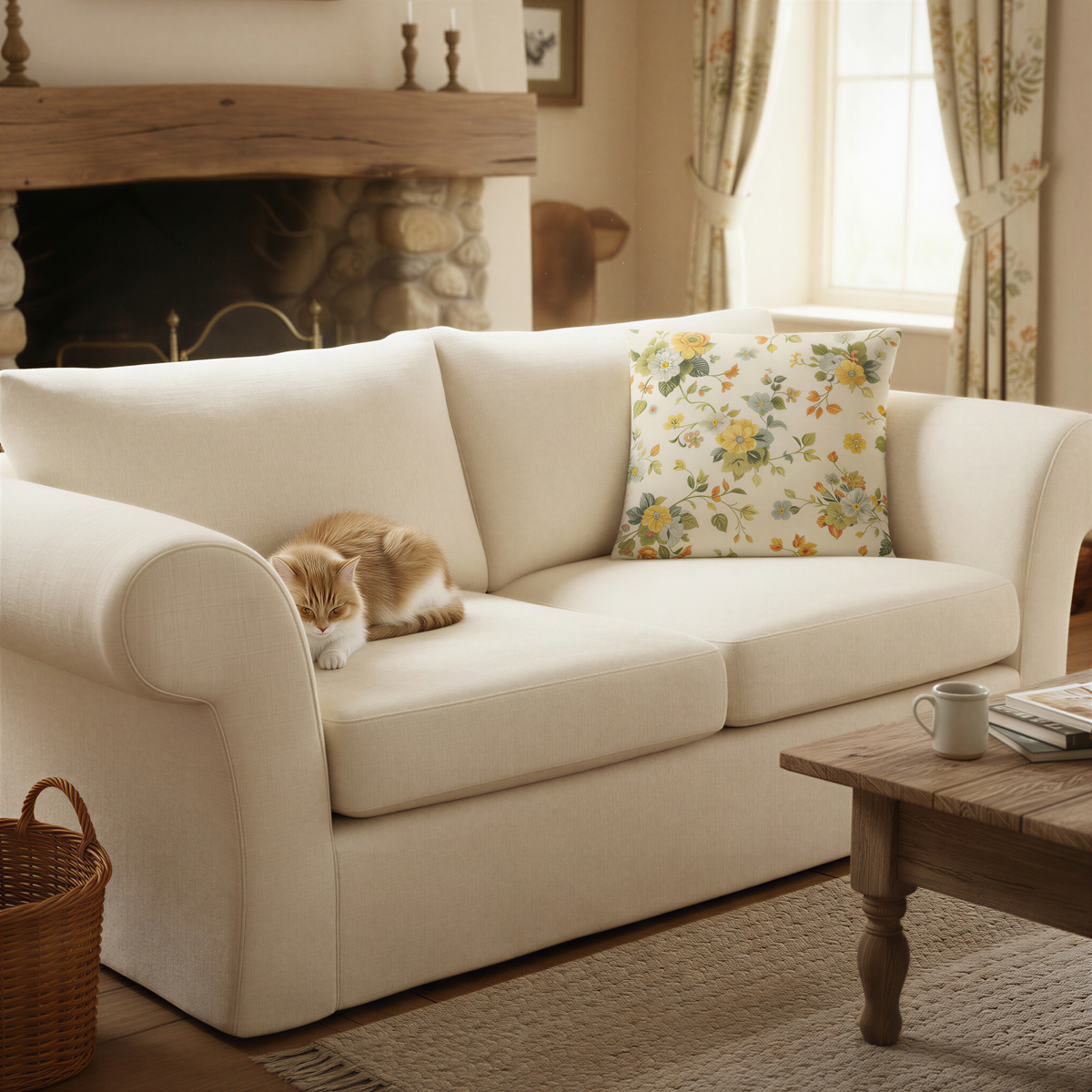 This cushion has a beautiful vintage chintz and English country house feel. The warm cream background with mustard yellow, soft blue, sage green and touches of orange gives it that slightly faded, heritage-textile character that works particularly well with traditional, cottagecore and grandmillennial interiors.