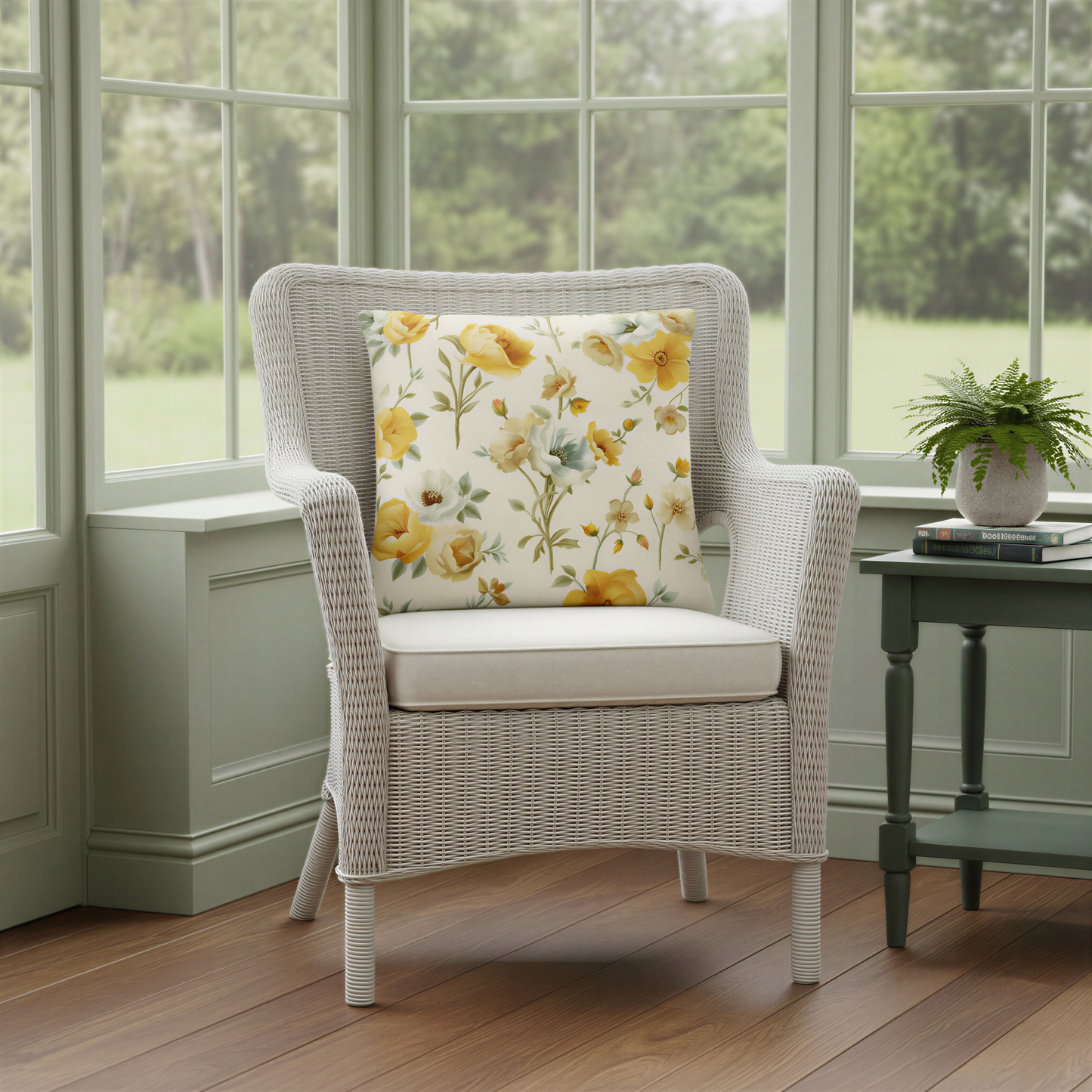 Square decorative cushion featuring soft yellow, cream and white garden flowers with sage-green leaves on a warm cream background.