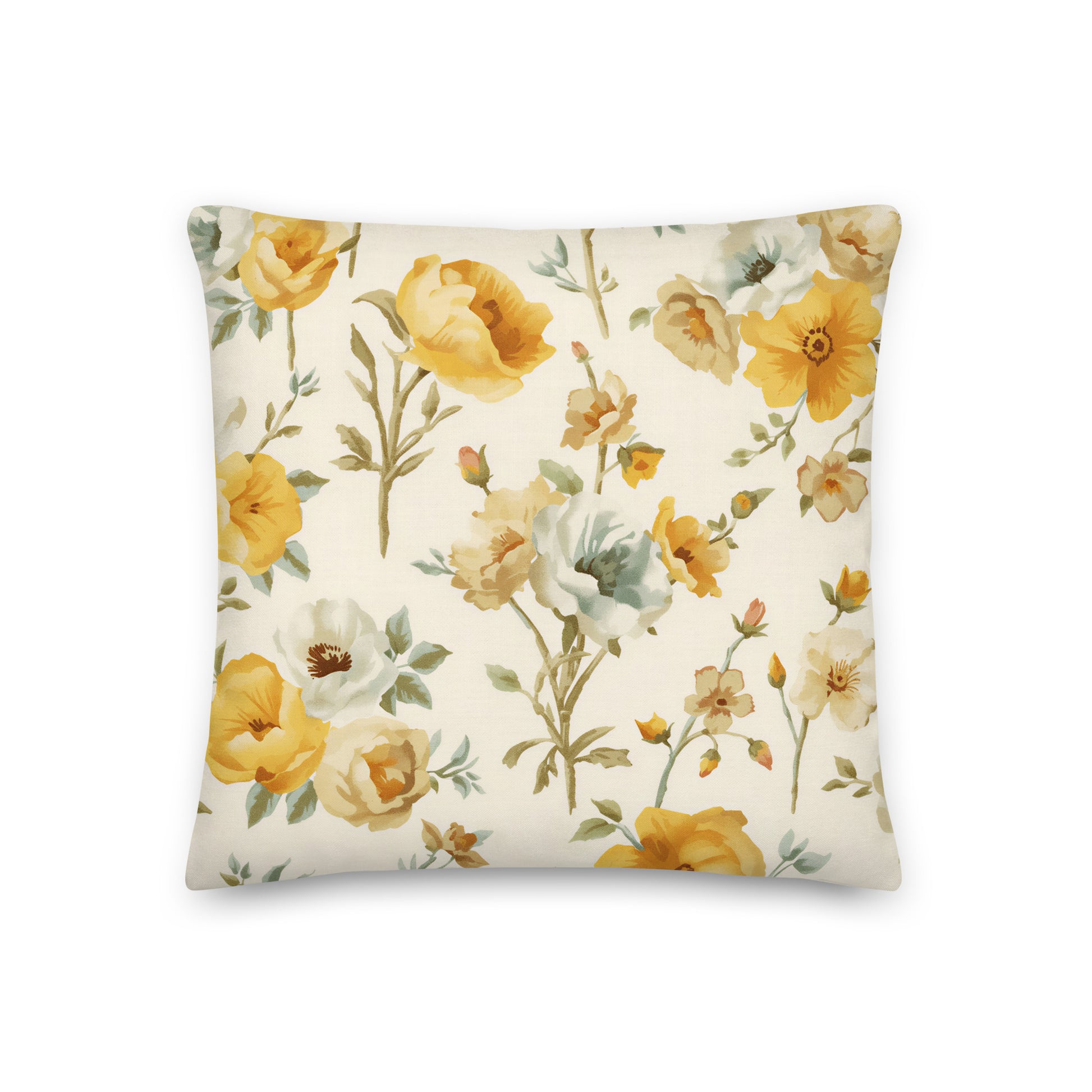 Set against a warm cream background, the scattered floral arrangement gives the cushion a light and airy quality.