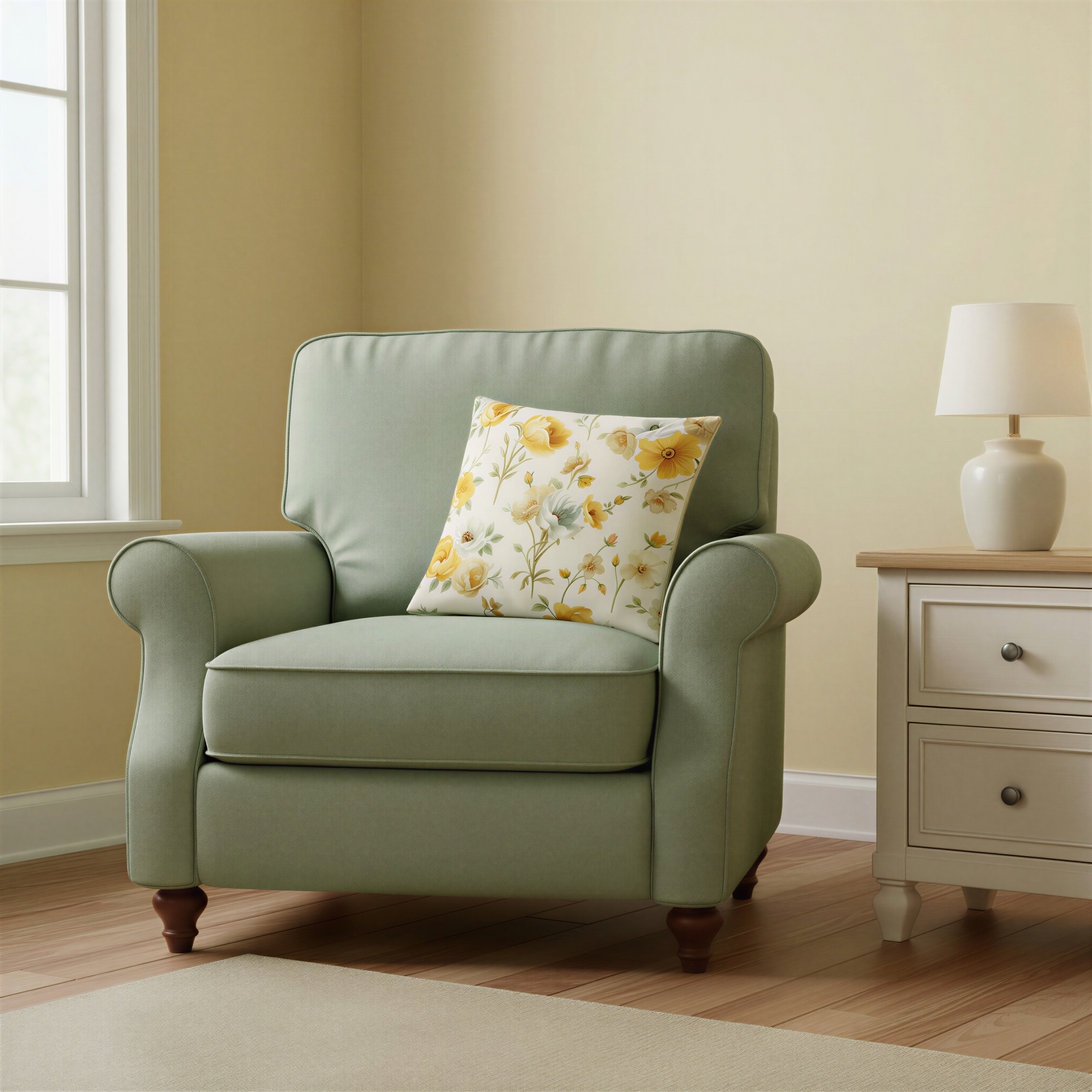 Watercolour-style floral cushion featuring scattered yellow, pale cream and ivory blooms with soft green stems and leaves.